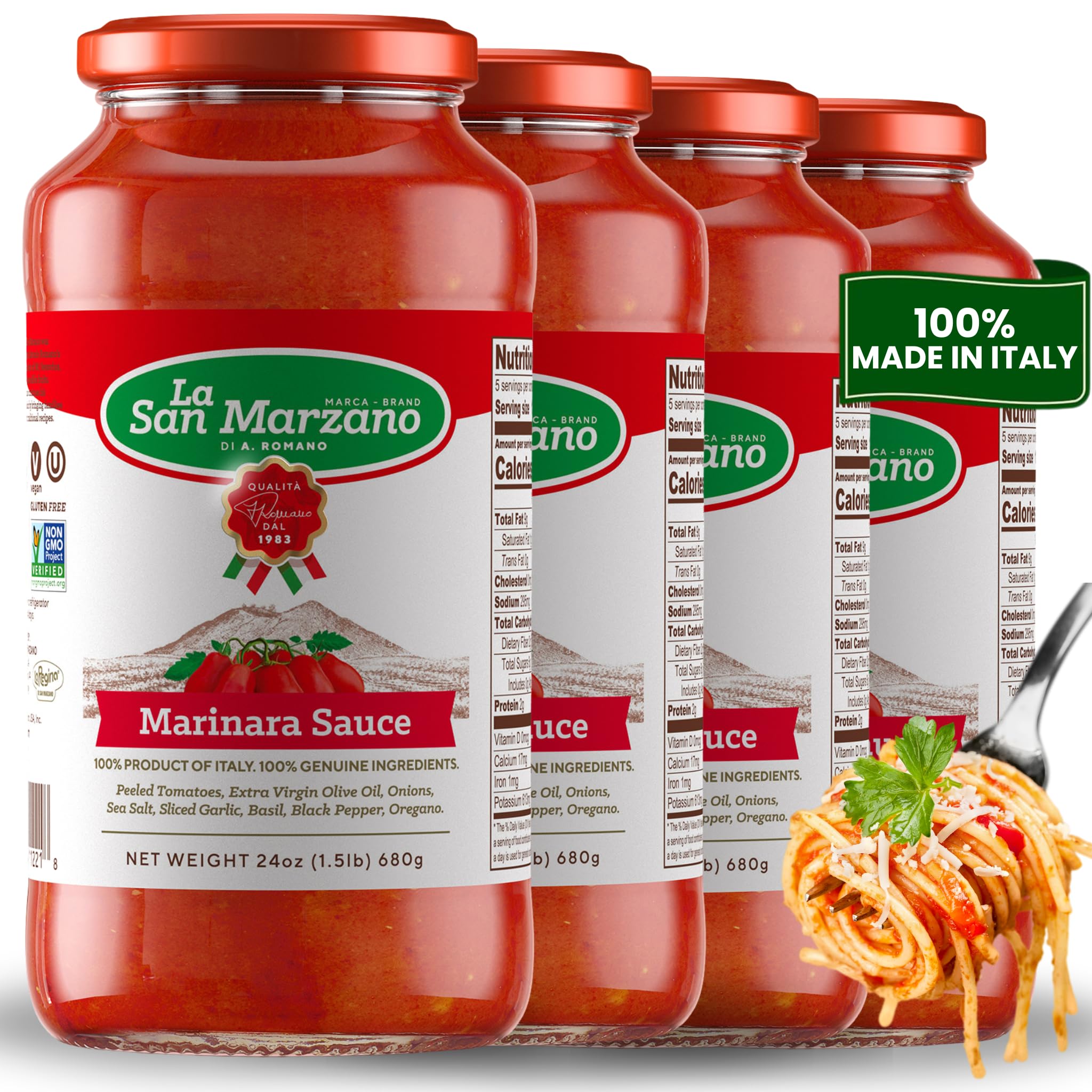 La San Marzano Marinara Sauce, 24 oz, Pasta Sauce Made in Italy, All Purpose Tomato Premium Quality, All Natural, Mediterranean Diet, Non GMO, Vegan