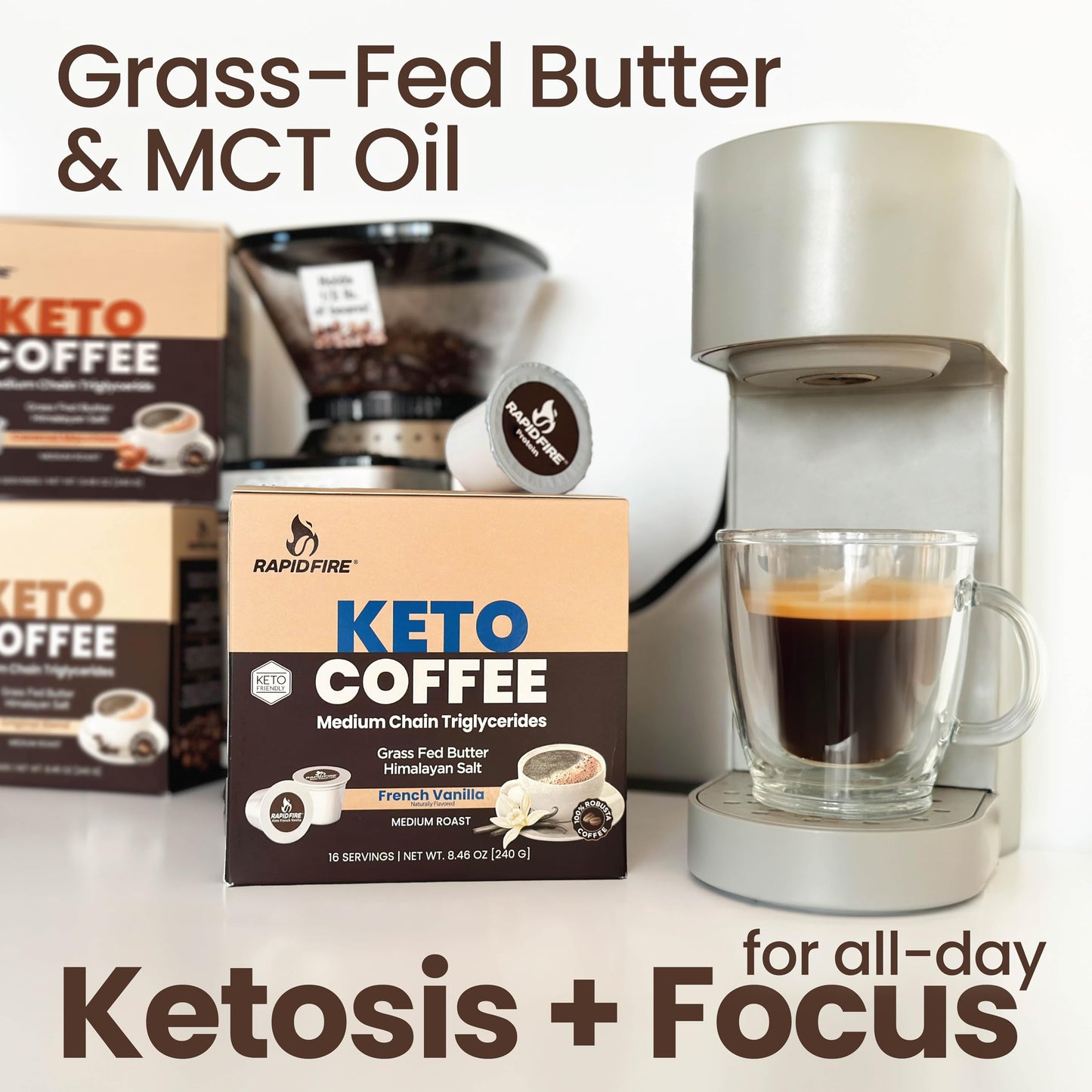 Rapidfire French Vanilla Ketogenic High Performance Keto Coffee Pods, Supports Energy & Metabolism, Weight Management, Single Serve K Cup, Brown, 16