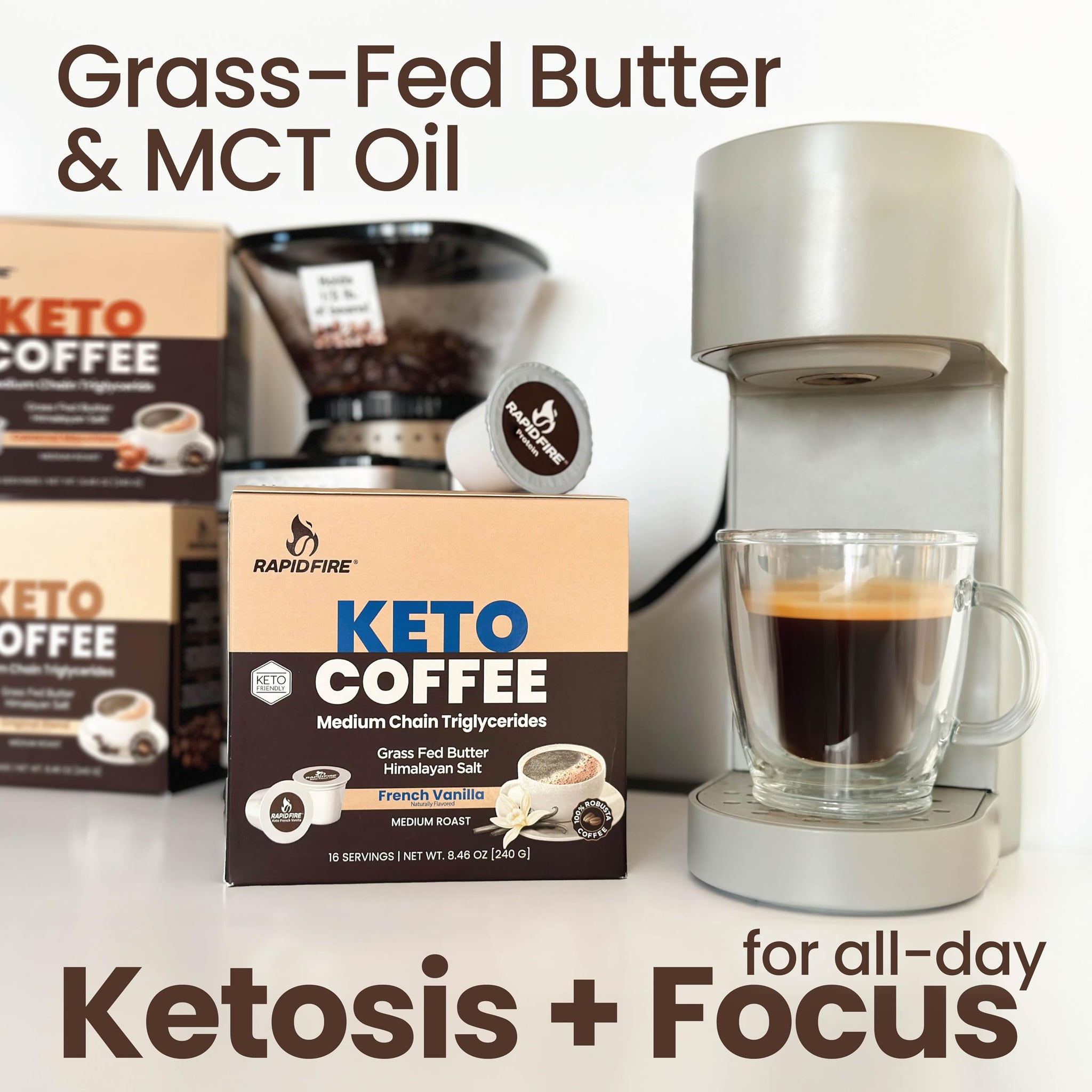 Rapidfire French Vanilla Ketogenic High Performance Keto Coffee Pods, Supports Energy & Metabolism, Weight Management, Single Serve K Cup, Brown, 16