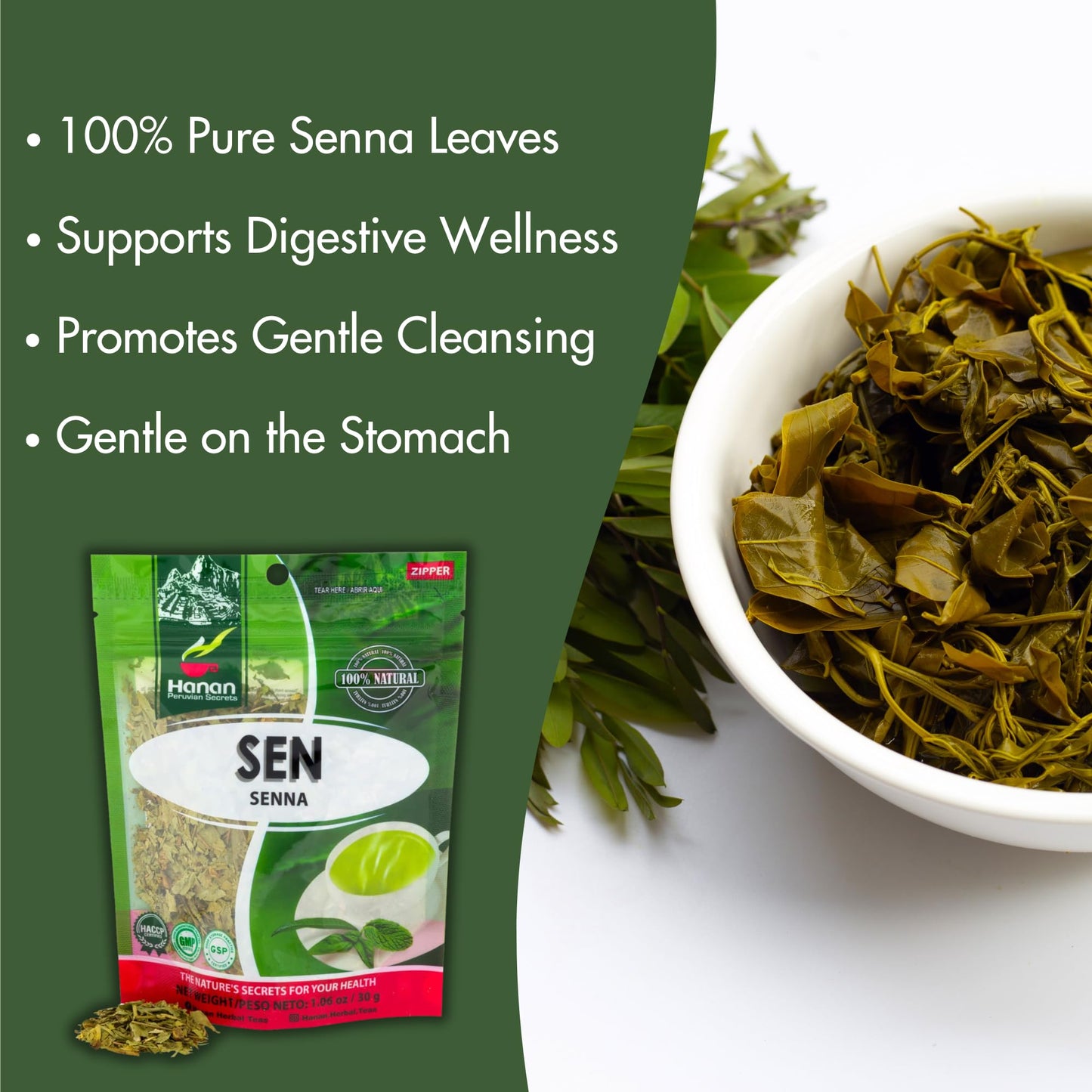 HANAN Senna Leaf Loose Herbal Tea 1.1oz - 30g Dried Herb Wooly Sen Plant Leaves From Peru - Senna Tea