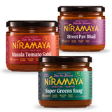 Niramaya 3 Flavor Sample Pack - Street Pav Bhaji/Tomato Masala Sabzi/ Super Greens Saag Indian-Inspired Dips & Spreads For Chips/Snacks/Rice/Salads