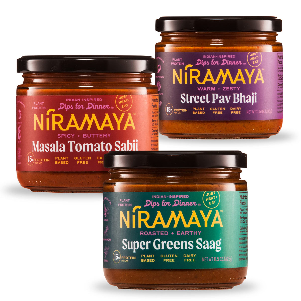 Niramaya 3 Flavor Sample Pack - Street Pav Bhaji/Tomato Masala Sabzi/ Super Greens Saag Indian-Inspired Dips & Spreads For Chips/Snacks/Rice/Salads