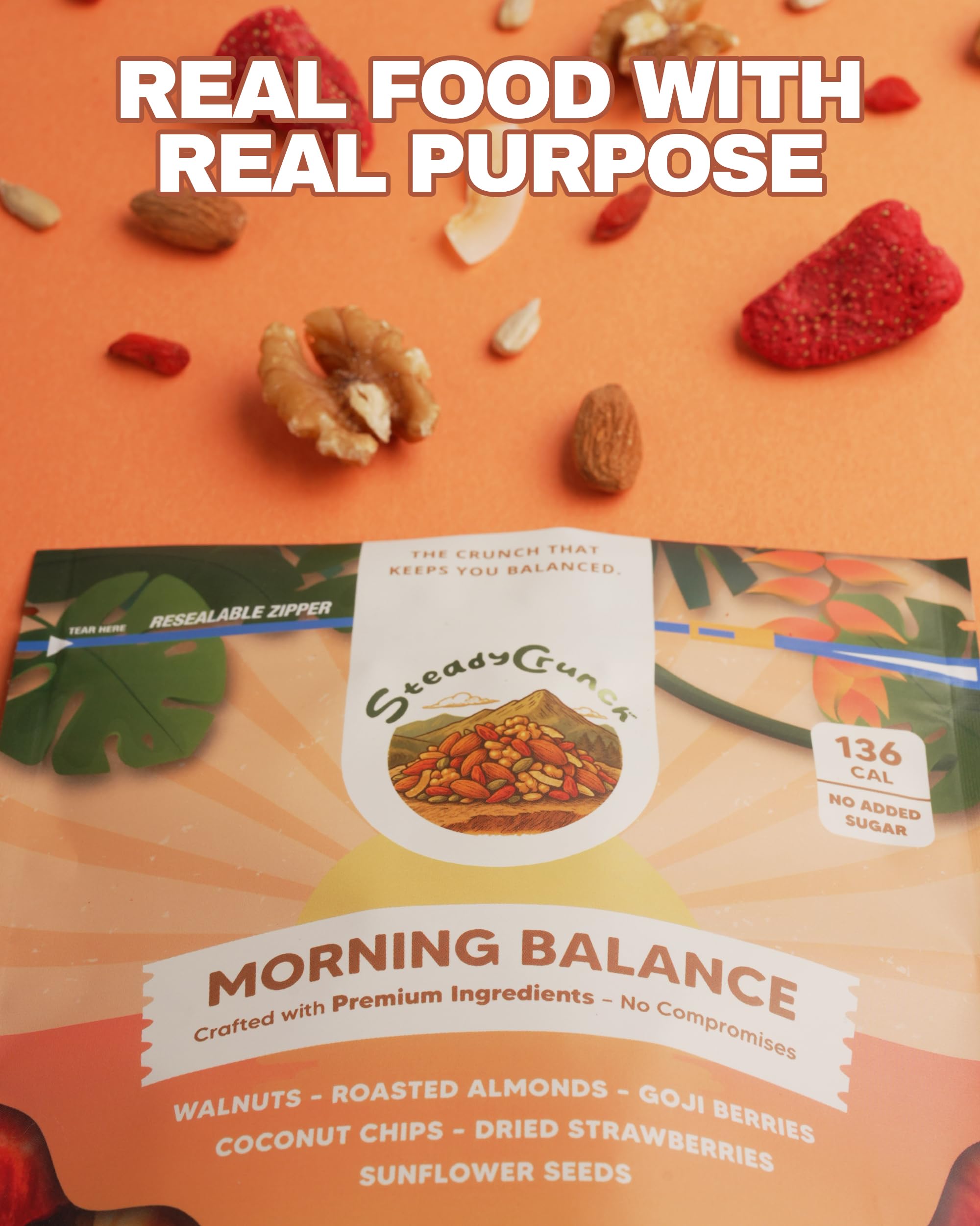 SteadyCrunch Morning Balance Trail Mix - Non-GMO & Vegan Healthy Fruit Snacks - Walnuts, Roasted Almonds, Strawberry & Goji Berry Snack Packs