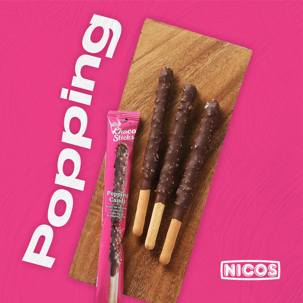Nicos big choco sticks Popping candy 20ct -Feel the Pop- individually wrapped-Holiday snack for kids & adults - Chocolate candy - Ideal for Christmas