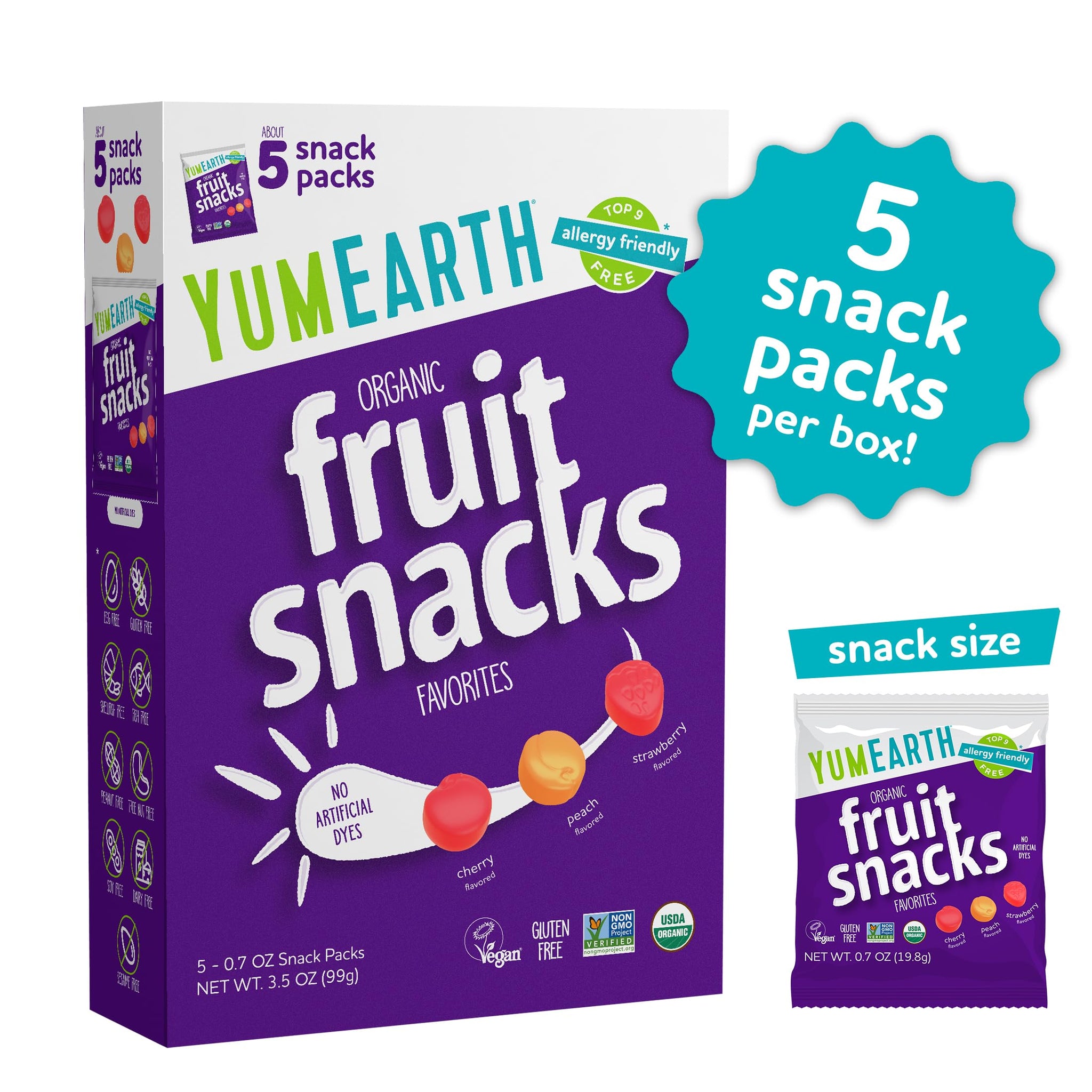 YumEarth Organic Assorted Flavor Fruit Snacks - Allergy Friendly (Top 9 Free), No Artificial Dyes, Non GMO, Gluten Free, Vegan Candy Snacks - 0.7