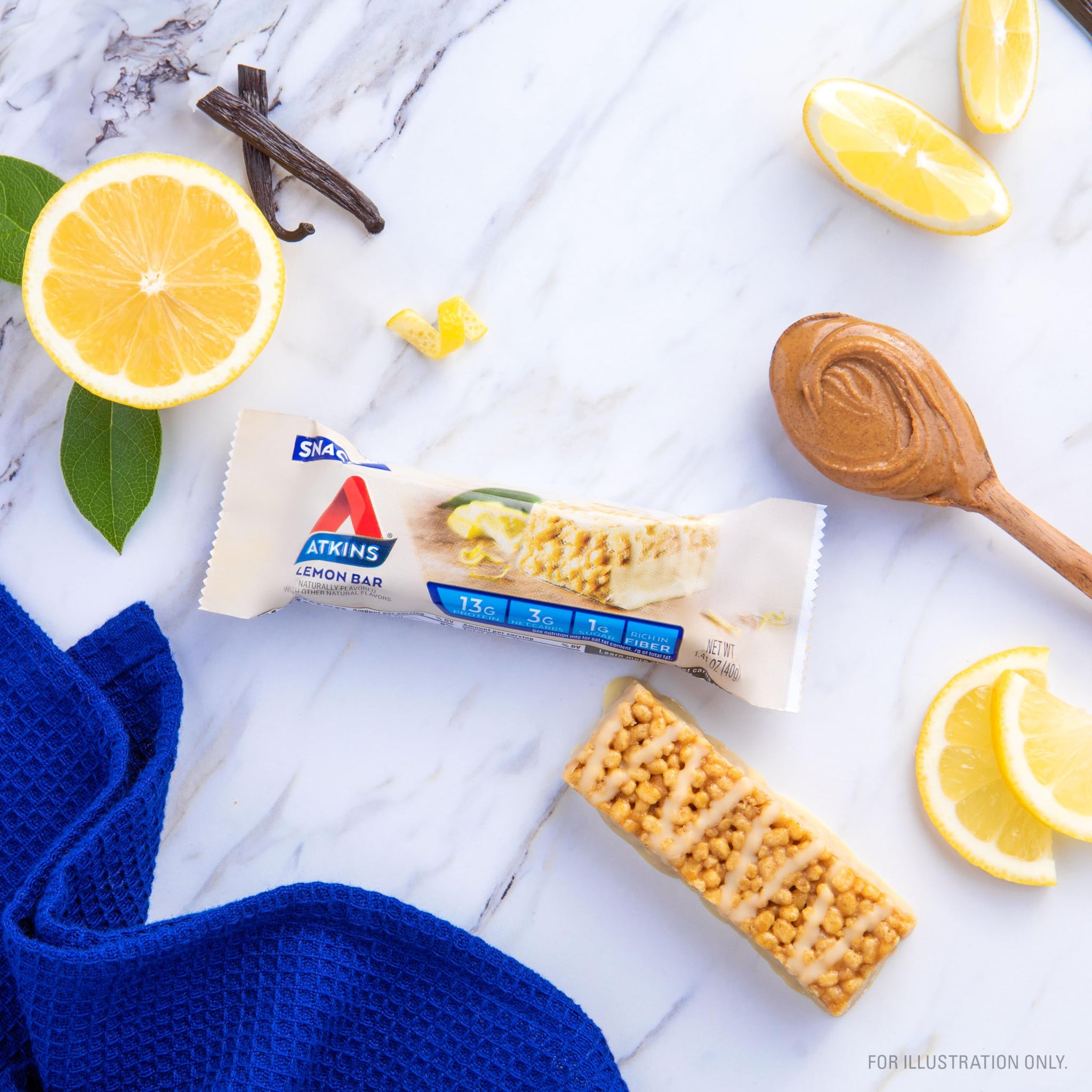 Atkins Lemon Flavored Snack Bar, High Protein Bar, Low Sugar and Low Carb, Keto Friendly Snack, Gluten Free, High in Fiber, Made with Real Almond
