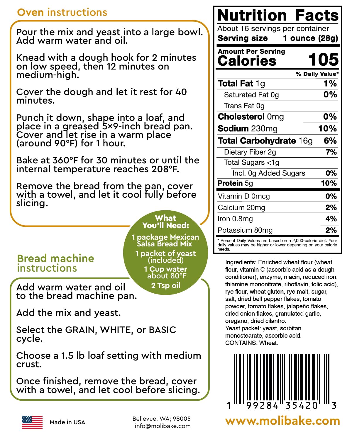 Molibake Mexican Salsa Bread Mix - Premium Artisan Bread Mix for Bread Machine and Oven - 15 oz - All-Natural Gourmet Blend with Tomato, Jalapeño, Bell Pepper, Onion, Garlic & Cilantro - Easy-to-Use Bread Maker Mix for Homemade Baking