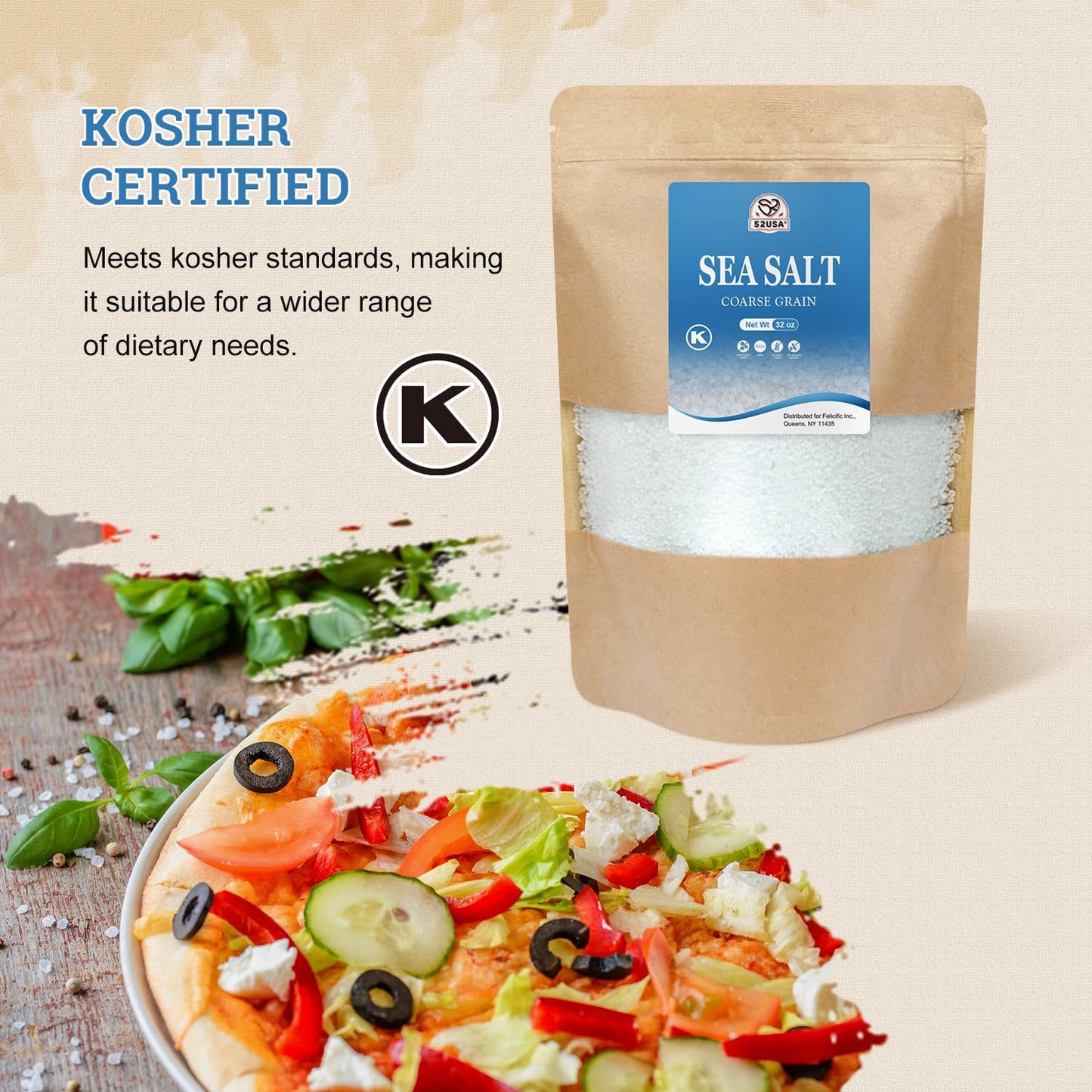 52USA Sea Salt, 2lb - 32oz (1 Pack), Coarse Grain, Salt Grinder Refill, Perfect Coarse Sea Salt For Cooking, All Natural Sea Salt