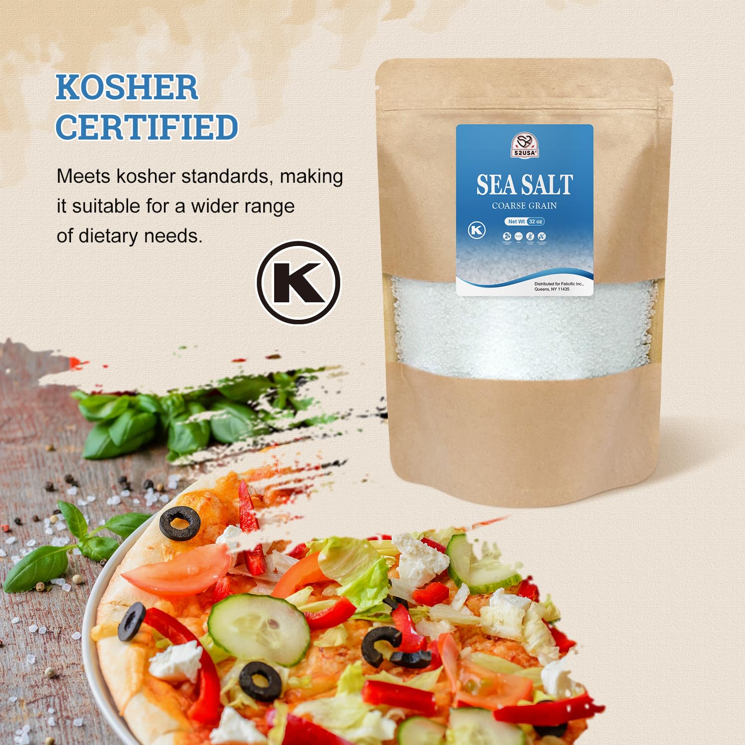 52USA Sea Salt, 2lb - 32oz (1 Pack), Coarse Grain, Salt Grinder Refill, Perfect Coarse Sea Salt For Cooking, All Natural Sea Salt