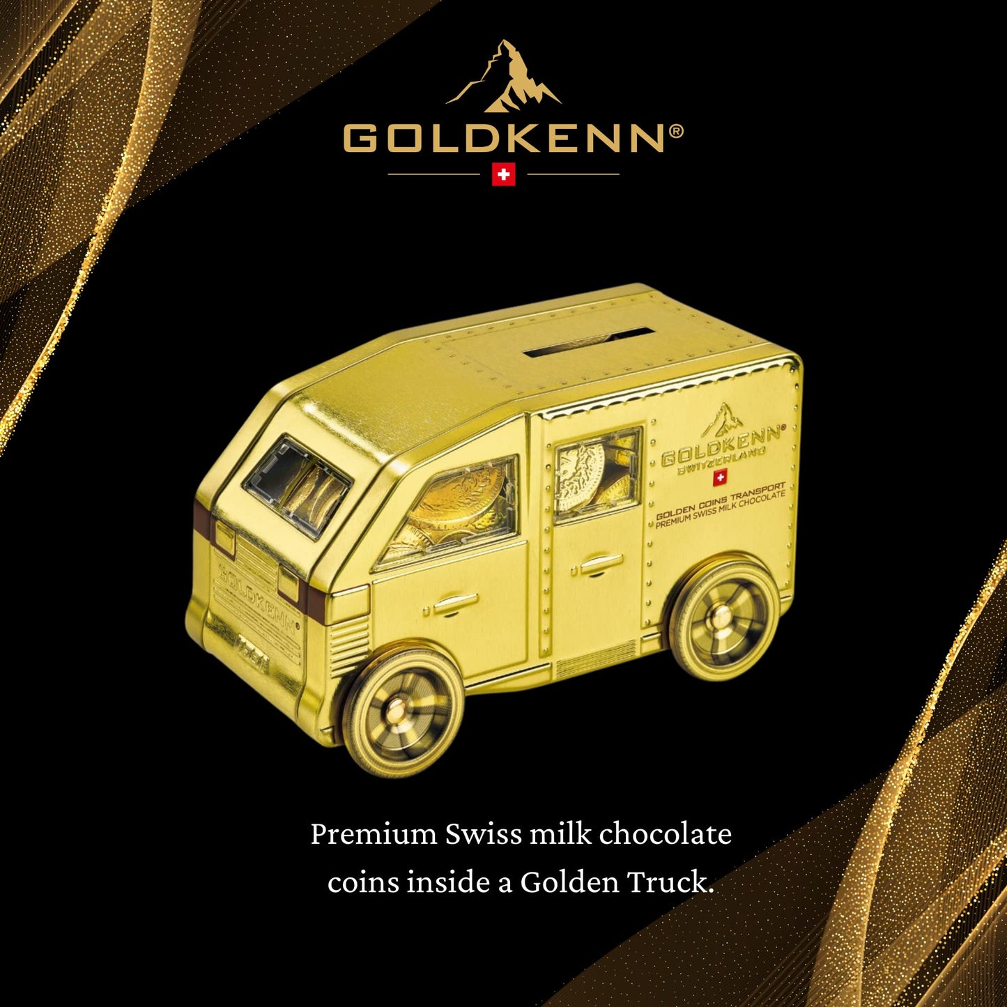 GoldKenn Metal Armored Truck with Milk Chocolate Coins - Premium Swiss Chocolate Gold Coins Wrapped in Gold for Kids & Adults - Chocolate Gift