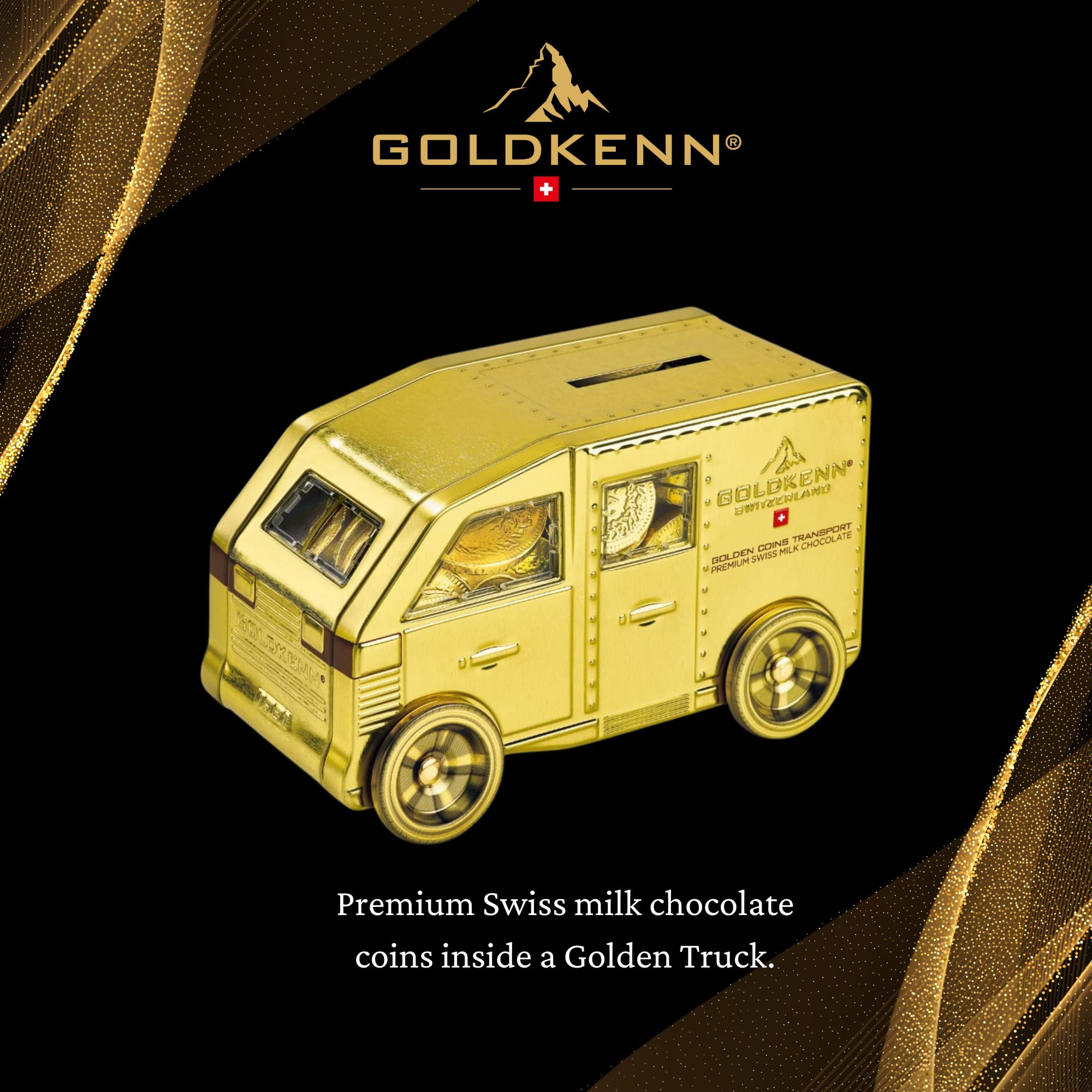 GoldKenn Metal Armored Truck with Milk Chocolate Coins - Premium Swiss Chocolate Gold Coins Wrapped in Gold for Kids & Adults - Chocolate Gift
