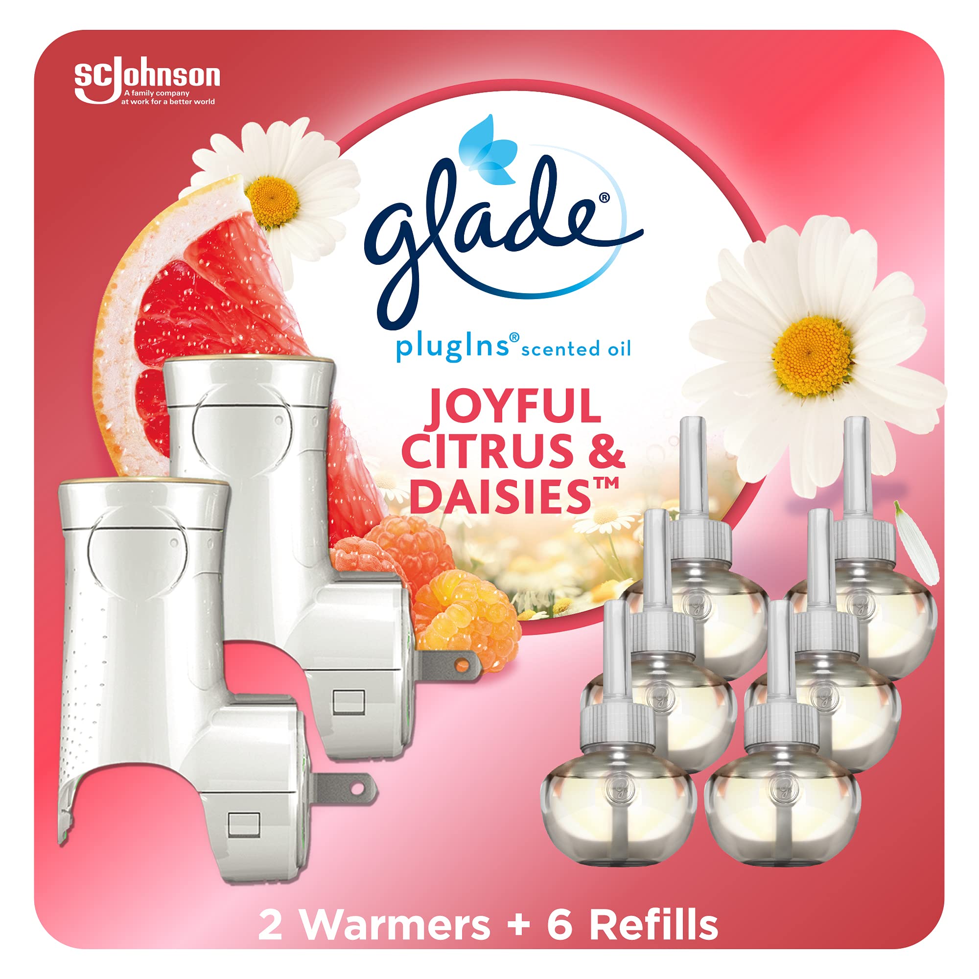 Glade PlugIns Refills Air Freshener Starter Kit, Scented and Essential Oils for Home and Bathroom, Joyful Citrus & Daisies 4.02 Fl Oz, 2 Warmers + 6