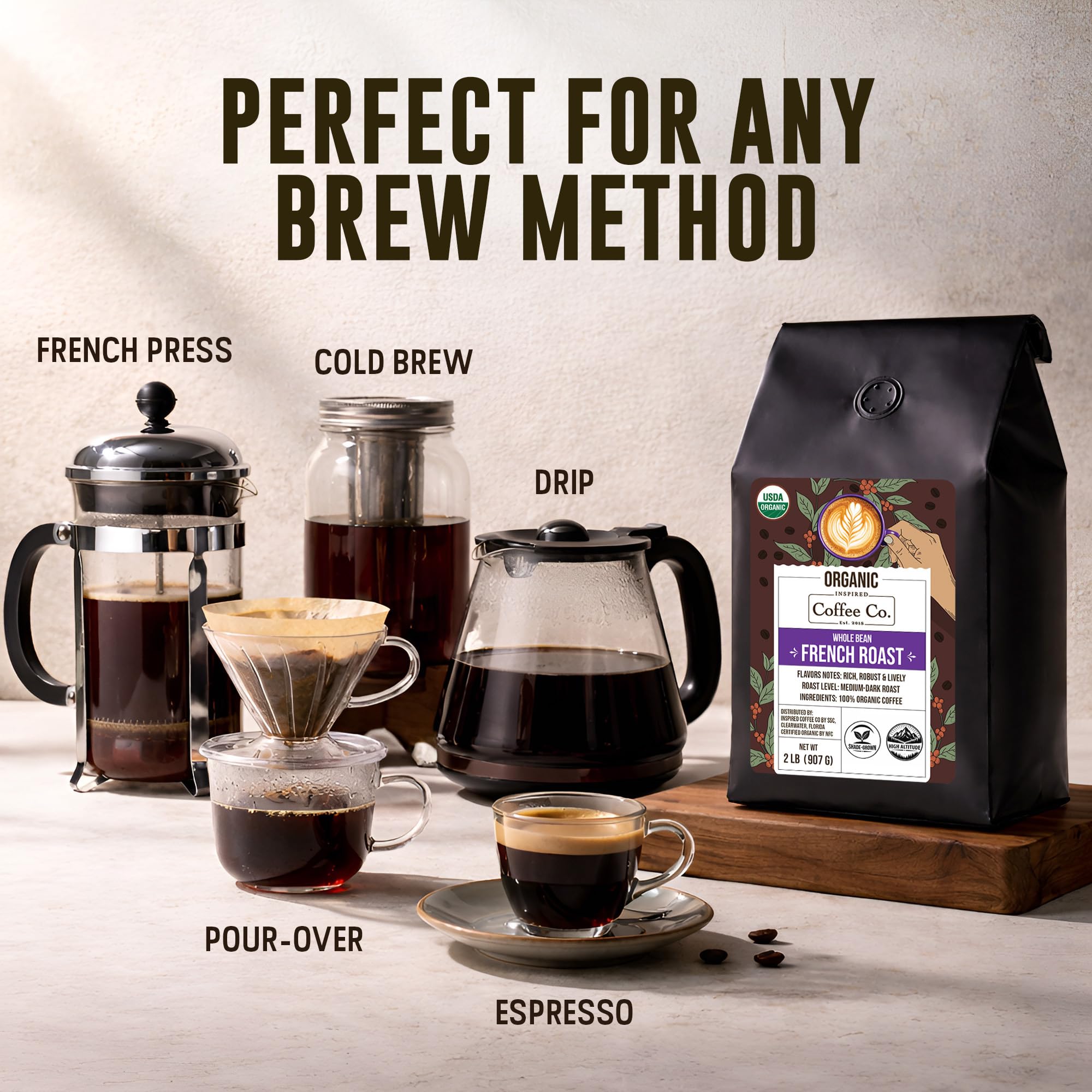 Inspired Coffee Organic Whole Beans Dark Roast Coffee, 2 lb (32 oz) French Roast Arabica - Super Crema, Smooth & Bold - Perfect for Espresso, Drip