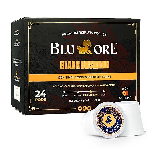 Blu Ore Black Obsidian K Cup Coffee Pods - High Caffeine Vietnamese Robusta Coffee Pods, Compatible with most K-Cup brewers, Bold Chocolate & Cacao