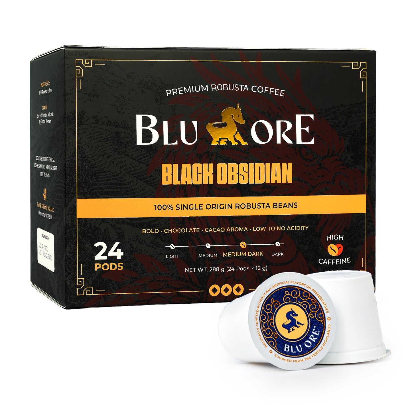 Blu Ore Black Obsidian K Cup Coffee Pods - High Caffeine Vietnamese Robusta Coffee Pods, Compatible with most K-Cup brewers, Bold Chocolate & Cacao
