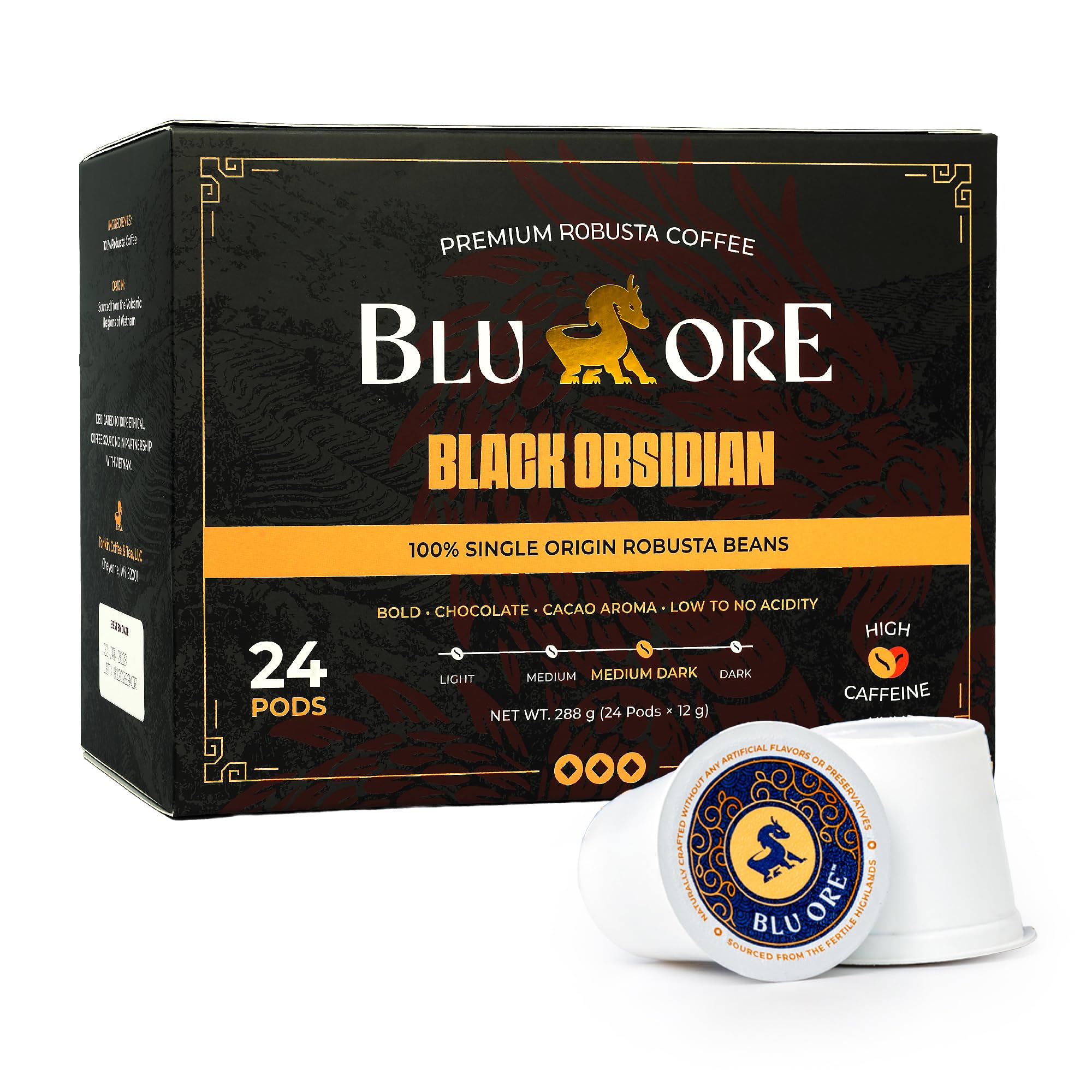 Blu Ore Black Obsidian K Cup Coffee Pods - High Caffeine Vietnamese Robusta Coffee Pods, Compatible with most K-Cup brewers, Bold Chocolate & Cacao