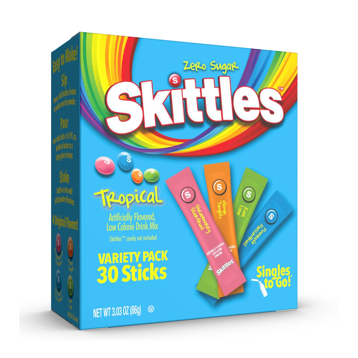 SINGLES TO GO! Skittles Singles To Go Tropical Flavors Variety Pack, Powdered Drink Mix, Strawberry Starfruit, Mango Tangelo, Kiwi Lime, Pineapple