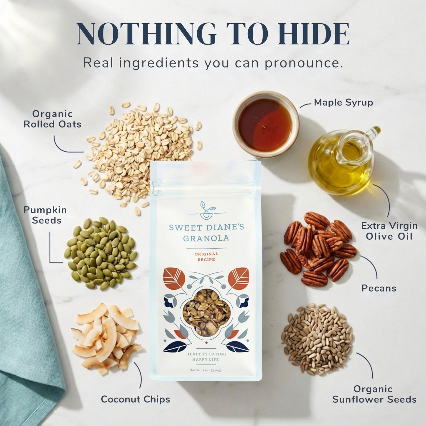 Sweet Diane’s Organic Granola - Original Recipe | 2-Pack (12 oz Each) | Low Sugar, High Fiber, Gluten-Free, Vegan | Organic Oats, Nuts, Seeds