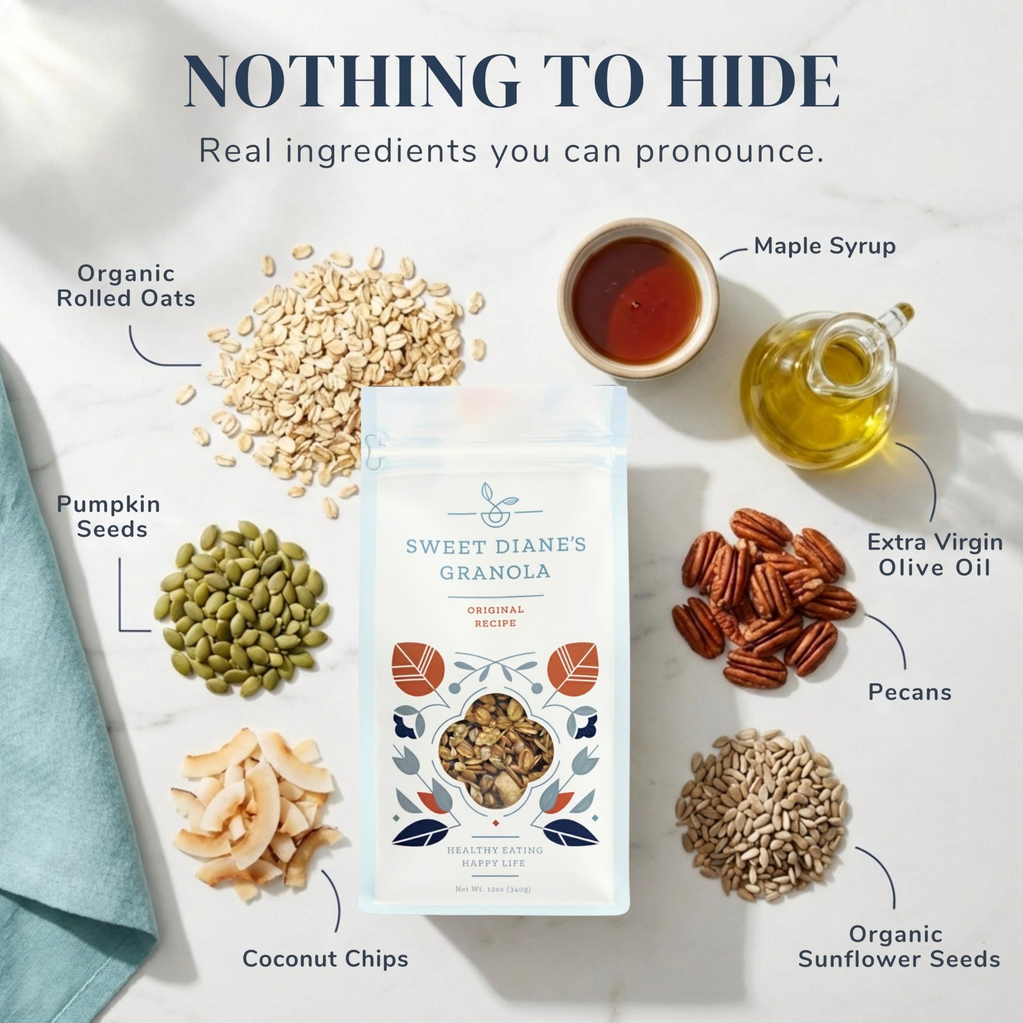 Sweet Diane’s Organic Granola - Original Recipe | 2-Pack (12 oz Each) | Low Sugar, High Fiber, Gluten-Free, Vegan | Organic Oats, Nuts, Seeds