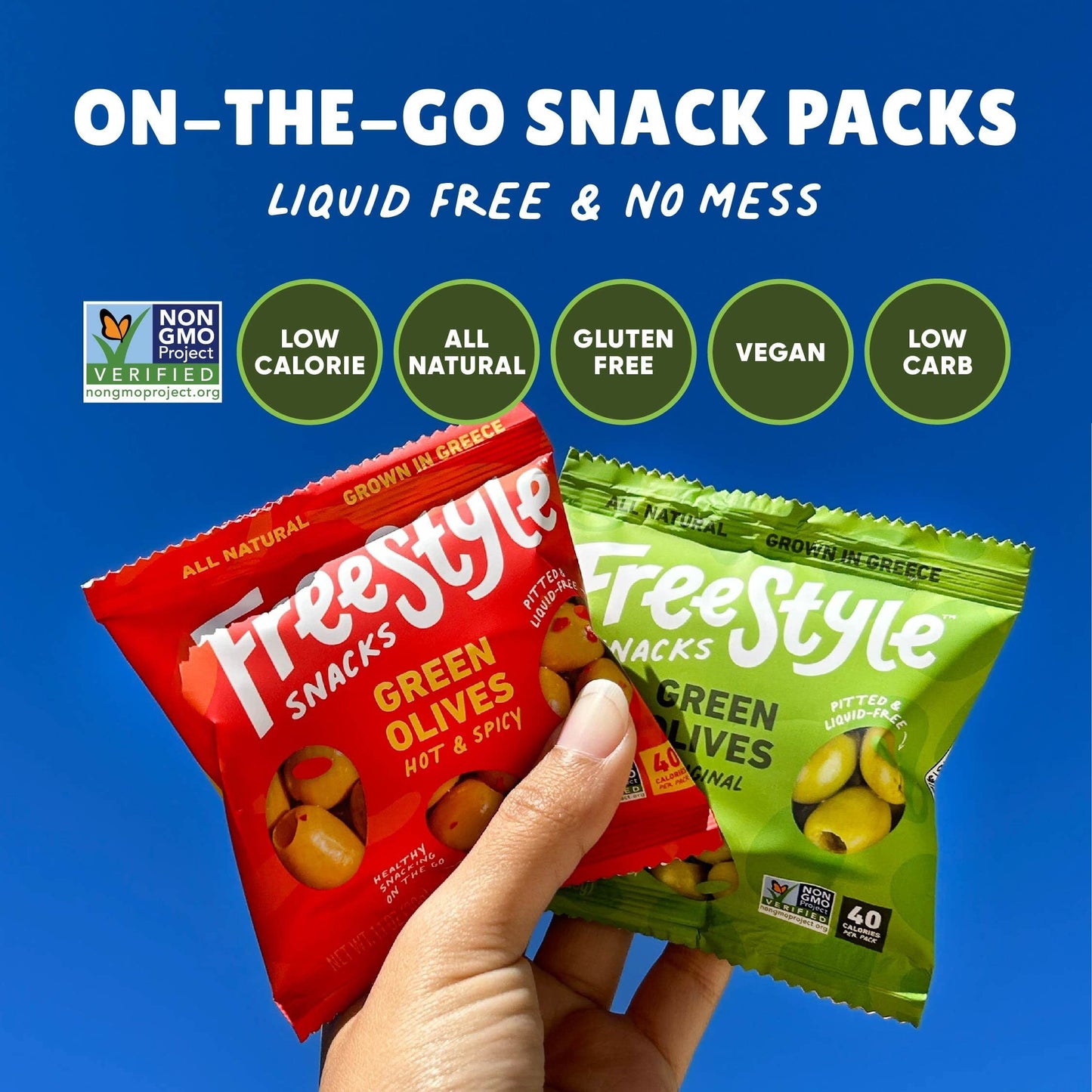Freestyle Snacks Olive Snack Packs - As Seen on Shark Tank - Single Serve - Fresh Pitted Green Olives, Grown in Greece, All Natural, Non-GMO