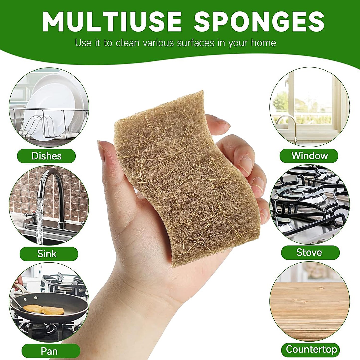 AEROZZ 10 Pack Biodegradable Natural Sponges Kitchen - Compostable Cellulose and Coconut Walnut Scrubber Sponge - Non Scratch Eco Friendly Quick