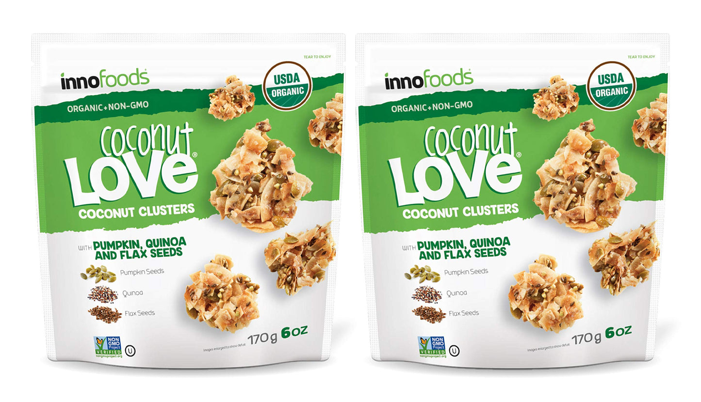 InnoFoods Coconut Love Coconut Clusters with Pumpkin, Quinoa, & Flax Seeds 6oz (2pk) - Gluten-Free, Vegan Snacks - Organic Granola Bites - Grain-Free