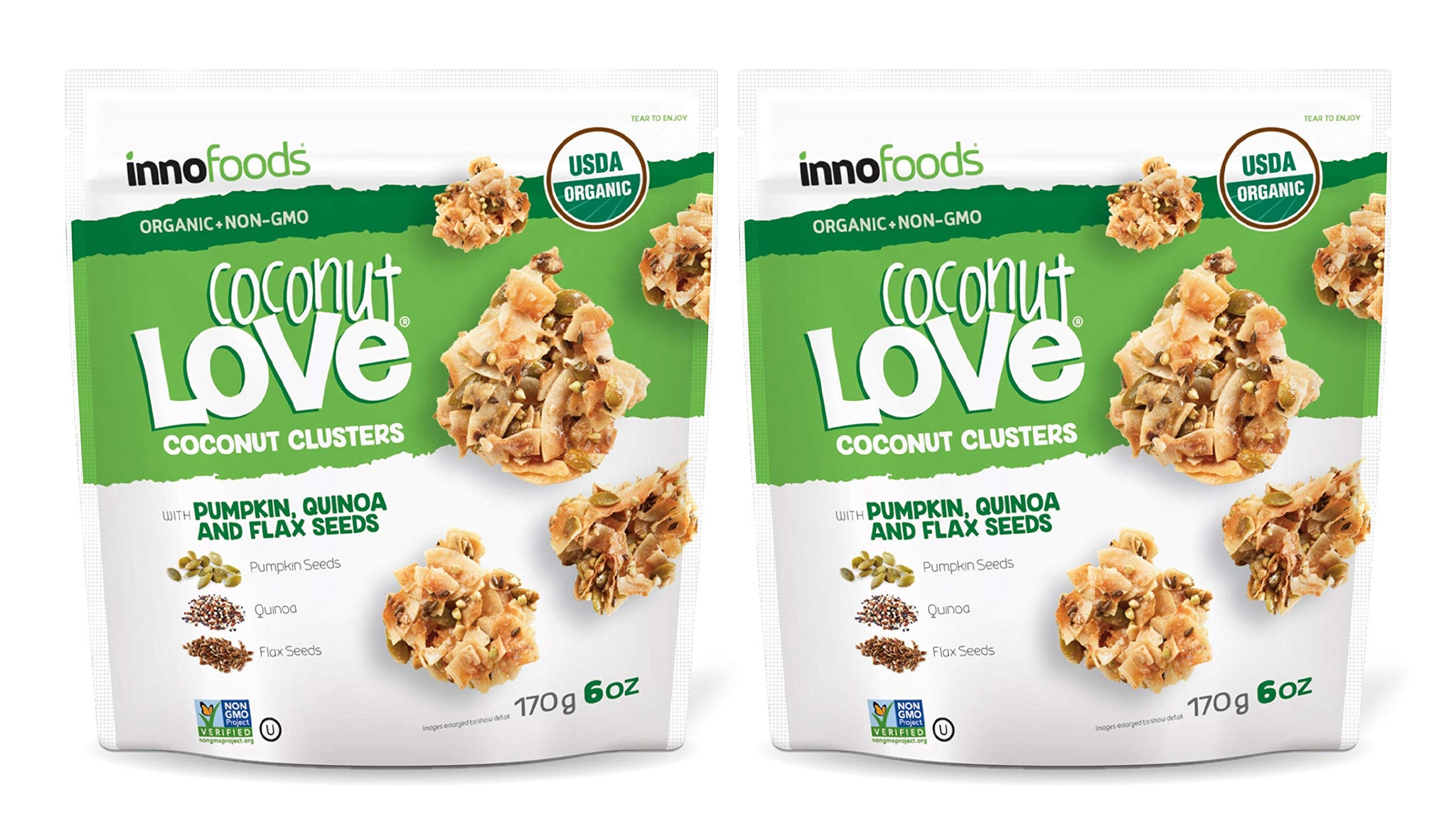 InnoFoods Coconut Love Coconut Clusters with Pumpkin, Quinoa, & Flax Seeds 6oz (2pk) - Gluten-Free, Vegan Snacks - Organic Granola Bites - Grain-Free