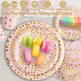 AIRE 175PCS Pink Rose Gold Plates Party Supplies Severs 25 Guests Disposable Party Decorations, Plastic Forks Knives Spoons, Golden Dot Paper Plates