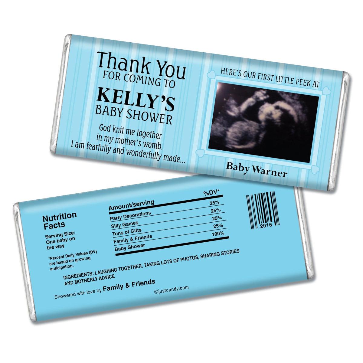 25pk Baby Shower Custom Sonogram Photo Wrappers for Chocolate Bars - Blue