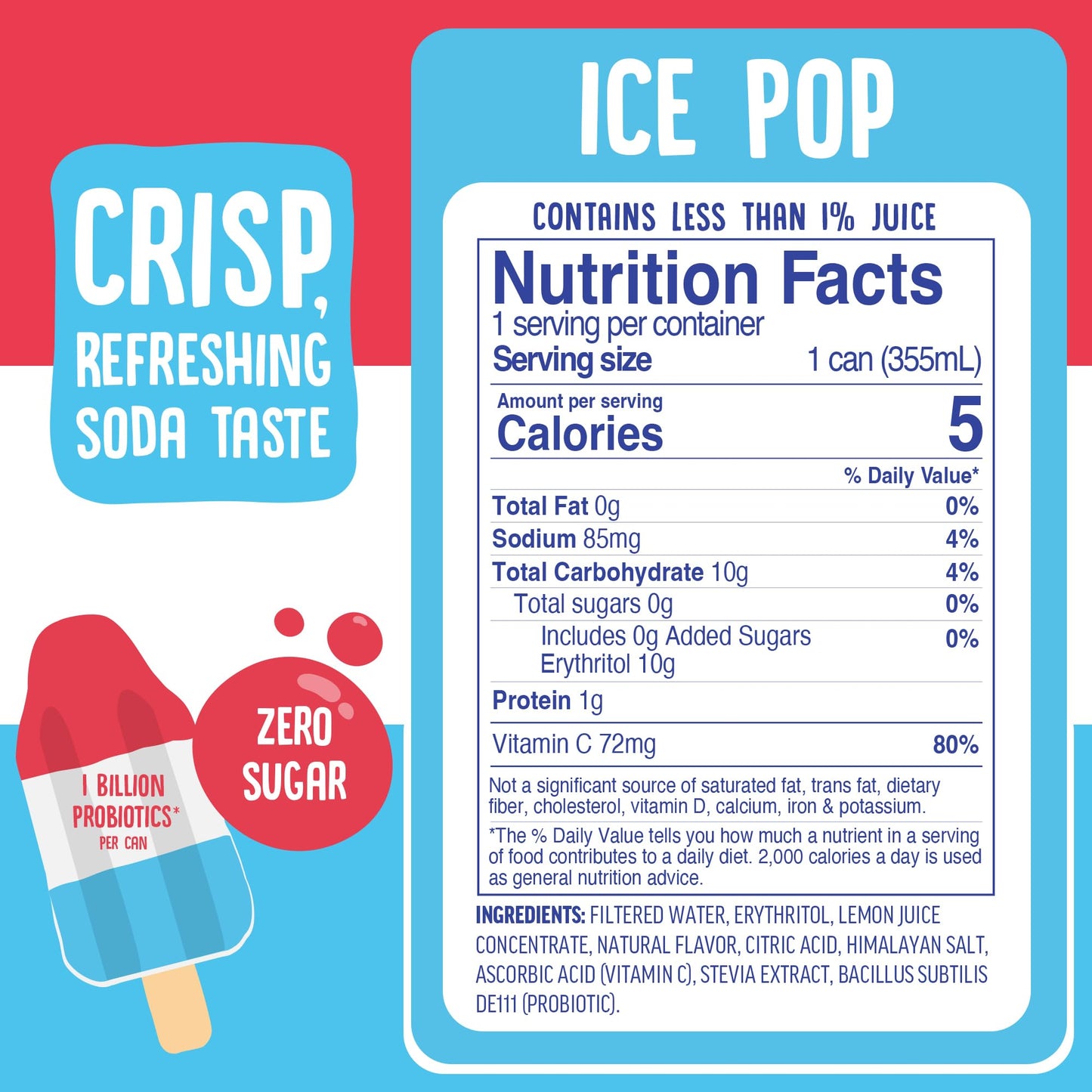 Cove Probiotic Soda, Zero Sugar Better-For-You Alternative - Refreshing, Delicious Probiotic Drink, No Synthetic Colors & Caffeine Free - Ice Pop, 12