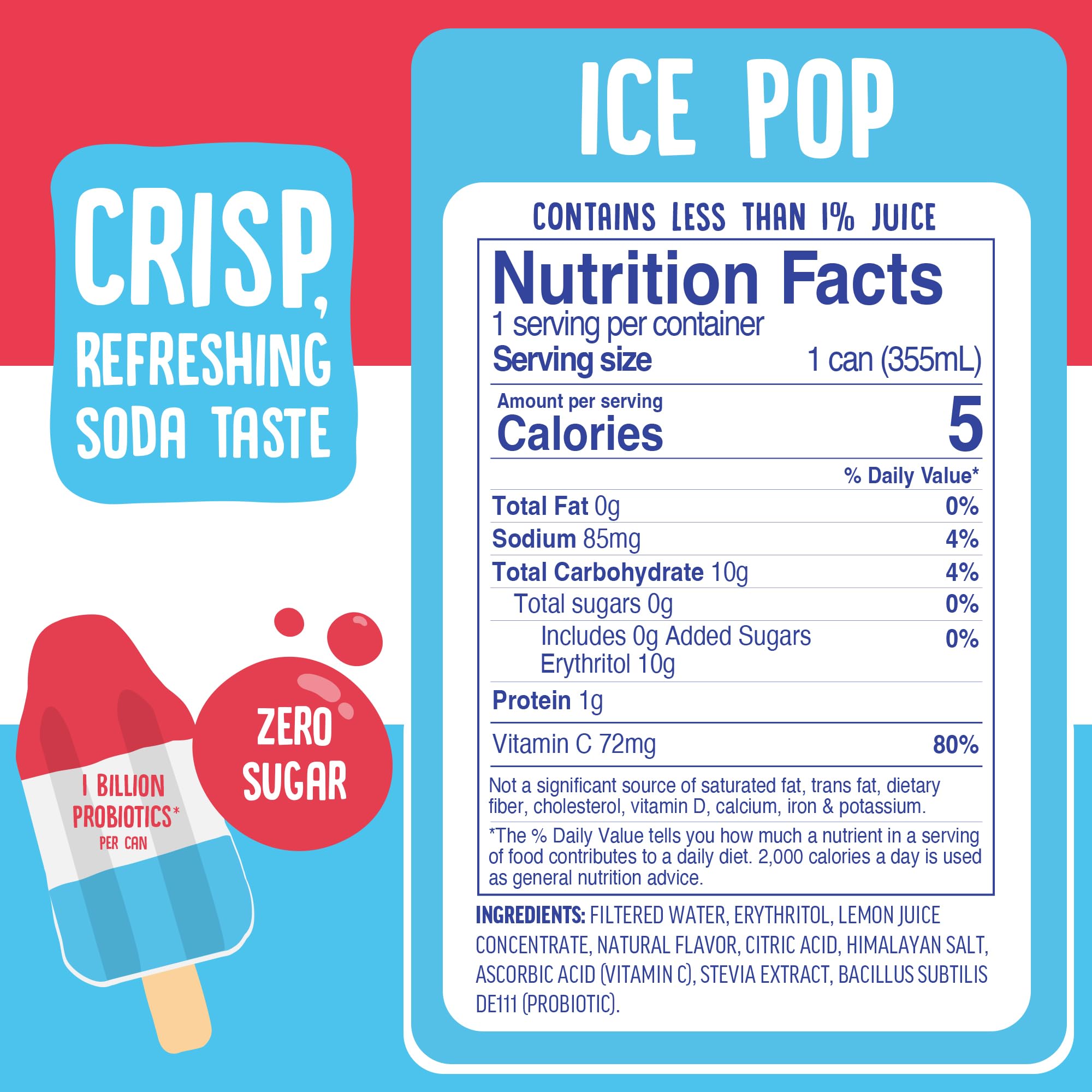Cove Probiotic Soda, Zero Sugar Better-For-You Alternative - Refreshing, Delicious Probiotic Drink, No Synthetic Colors & Caffeine Free - Ice Pop, 12