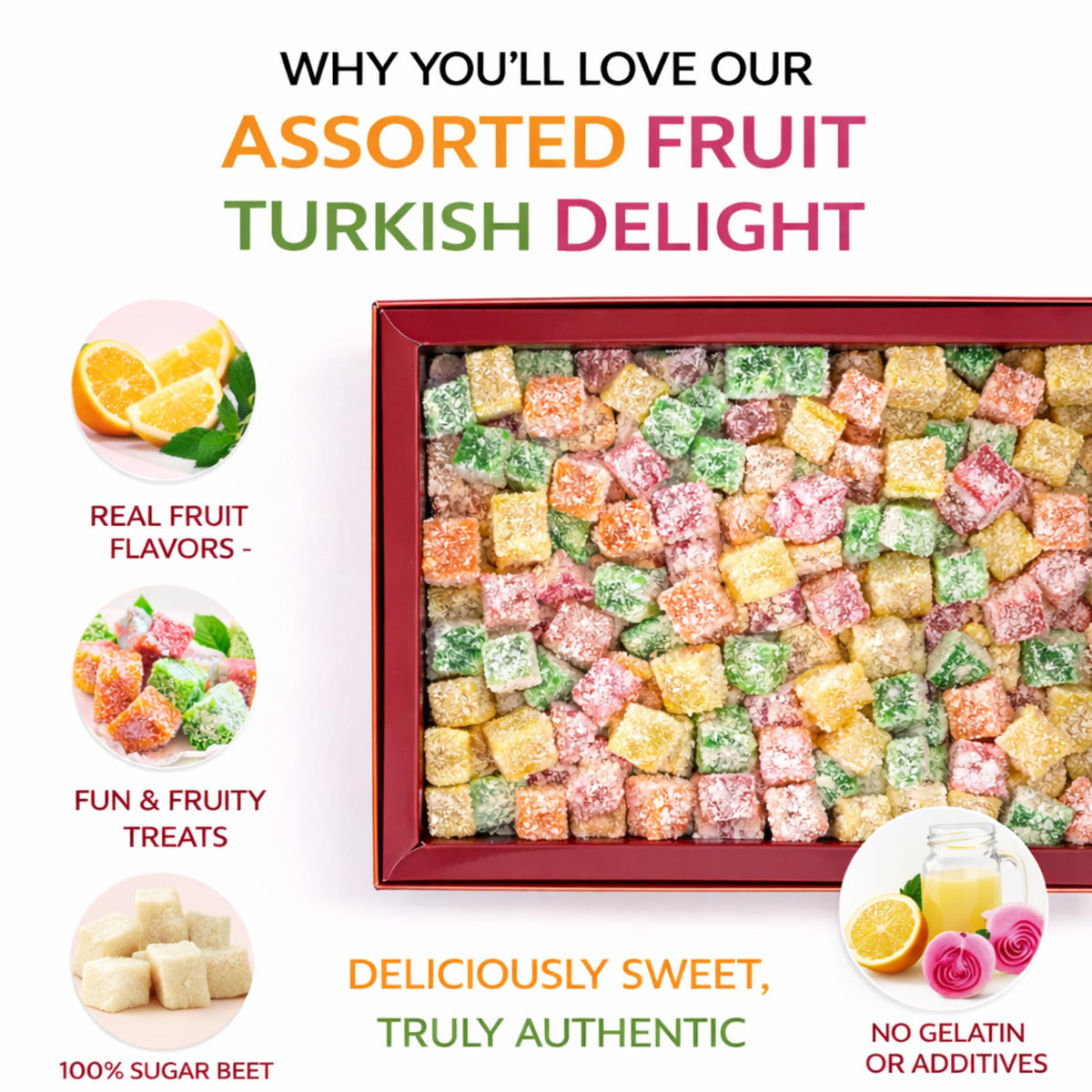 Assorted Turkish Delight (Small Cut/Ku? Lokumu) 400g - Fruit Flavored Lokum (Rose, Lemon, Orange, Mint) - Soft & Fresh, Coconut Coated, Traditional