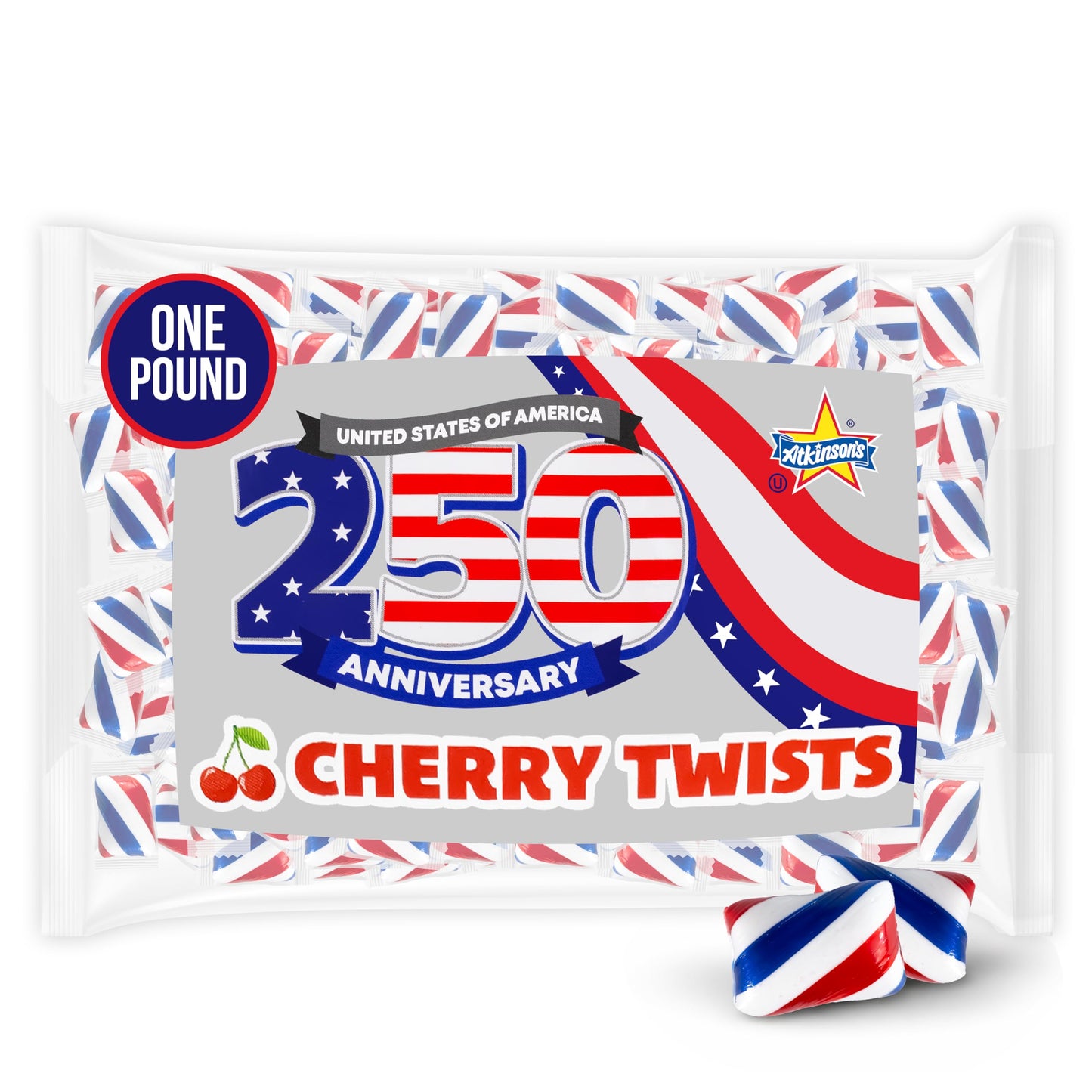 Atkinson's Cherry Twists, 250th Anniversary Hard Candy, Individually Wrapped, 1 lb Bag