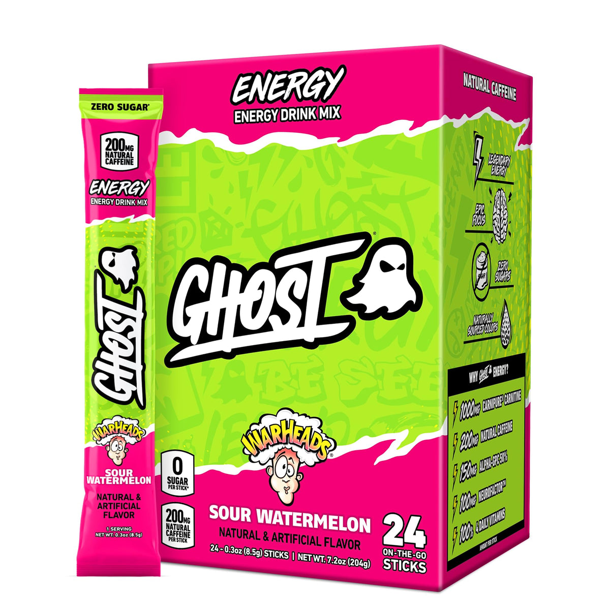 GHOST Sugar-Free Energy Drink Packets, Warheads Sour Watermelon, 24 Sticks