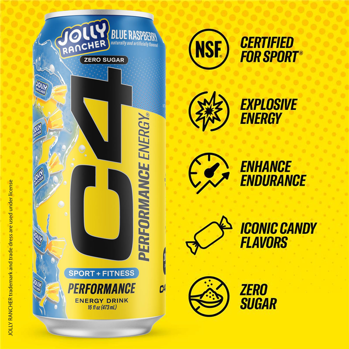 C4 Performance Energy Drink | JOLLY RANCHER Blue Raspberry | Zero Sugar Carbonated Preworkout Energy | 200mg Caffeine with Beta Alanine | 16 Fl Oz (24