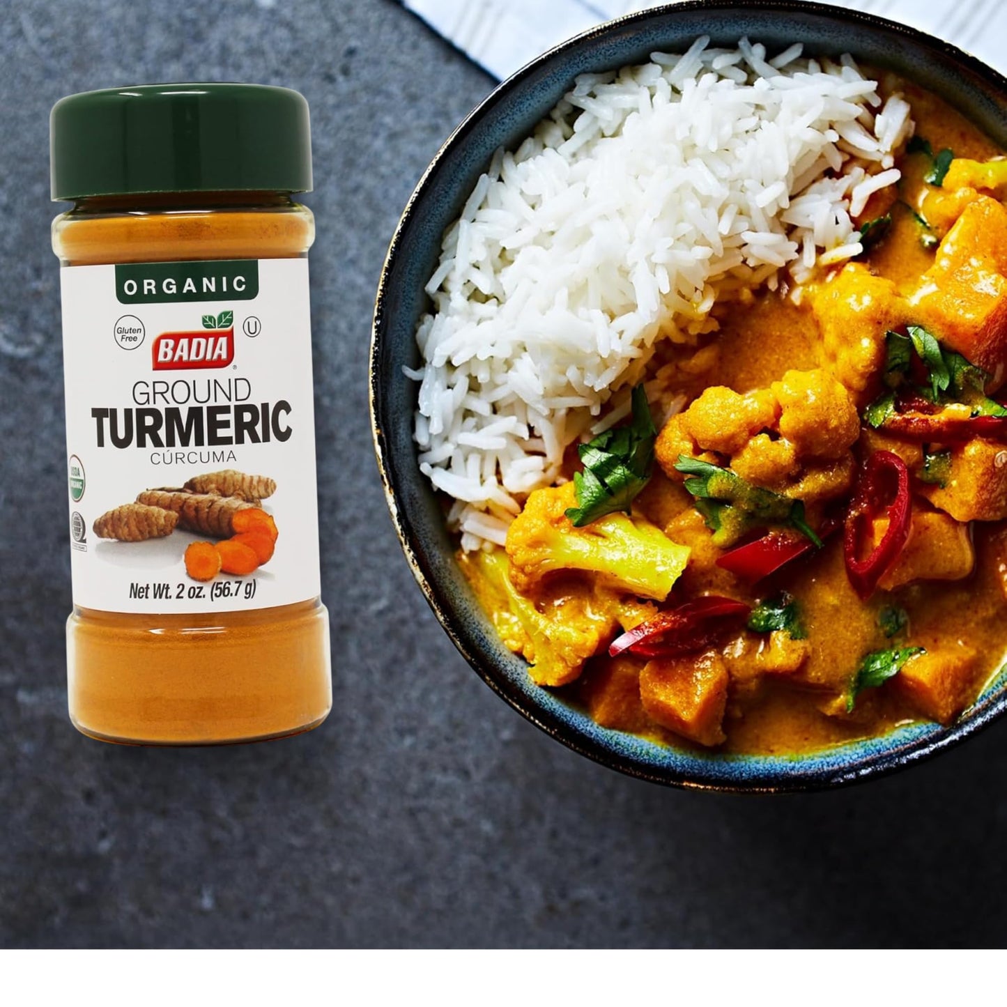 Badia Organic Turmeric Powder, 2 oz - Rich in Curcumin, Perfect for Cooking, Smoothies & Wellness