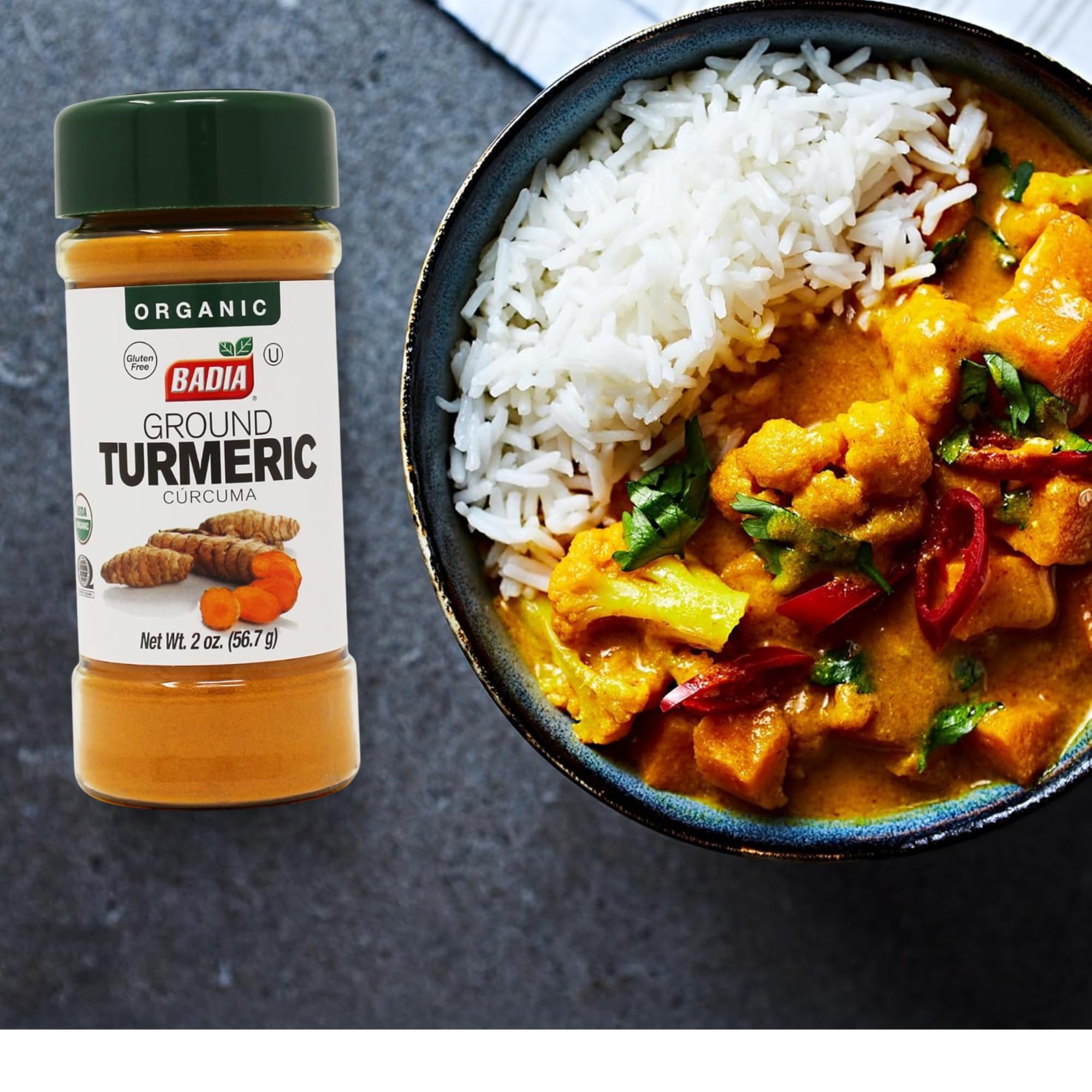 Badia Organic Turmeric Powder, 2 oz - Rich in Curcumin, Perfect for Cooking, Smoothies & Wellness