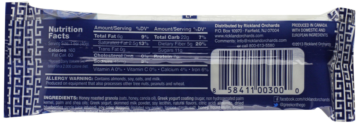 Rickland Orchards Greek Yogurt Covered Granola Bar, Blueberri Acai, 1.4 Ounce, 5 Count