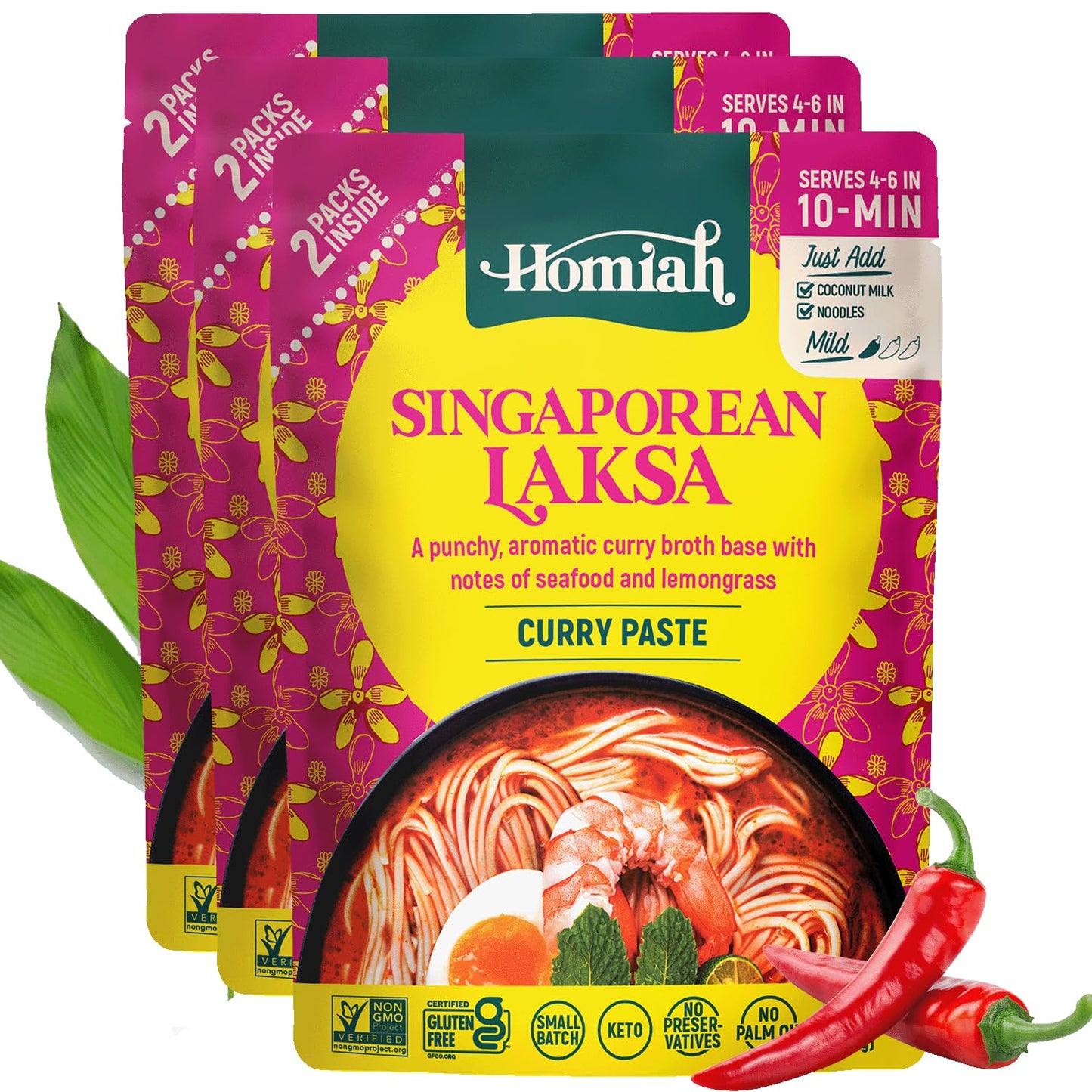 Homiah Laksa Curry Paste (Value 3 Pack x 7 Oz) - Gluten Free, Non-GMO Malaysian Curry Paste - Laksa Curry Paste, Thai Essentials for Kitchen - Premium