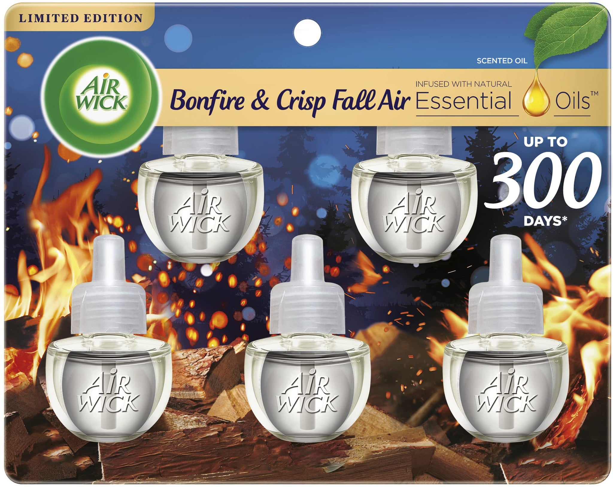 Air Wick Plug in Scented Oil Refill, 5ct, Bonfire and Crisp Fall Air, Essential Oils, Air Freshener Fall Scent, Fall décor
