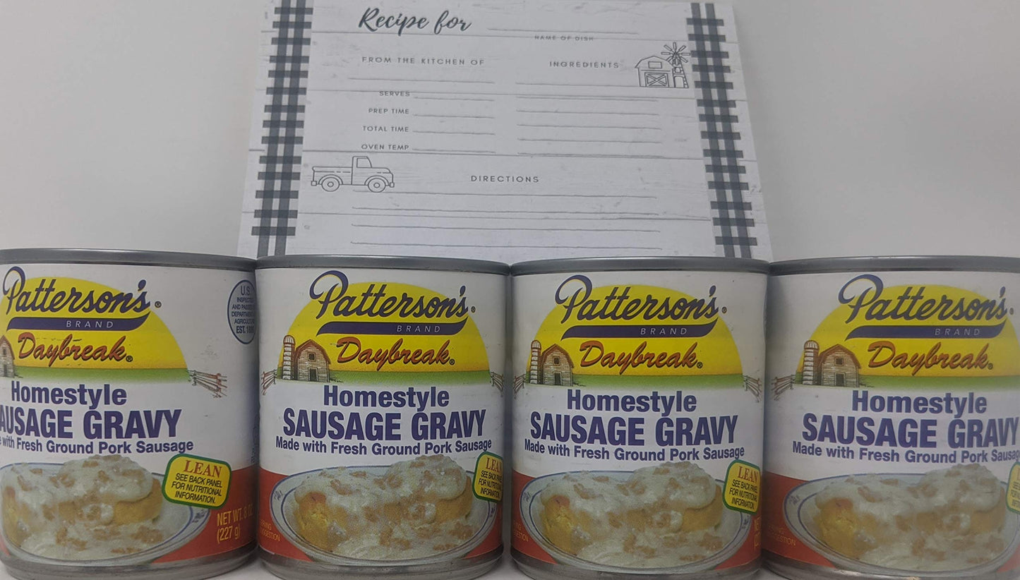 Patterson Sausage Gravy Bundle - 4 x 8 Oz Cans of Pattersons Daily Sausage Gravy, Creamy Sausage Gravy, Bundled with JFS Recipe Card