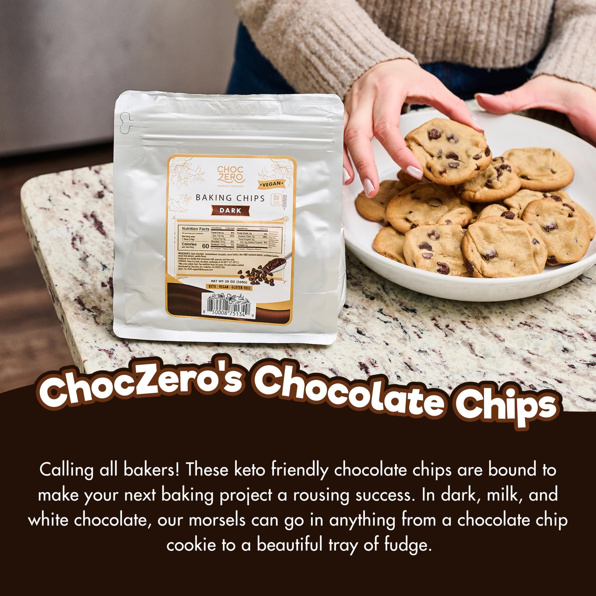 ChocZero Dark Chocolate Chips, Sugar Free, Vegan, Keto & Low Carb, Gluten Free, No Sugar Alcohols, 20 oz Bag for Baking & Desserts
