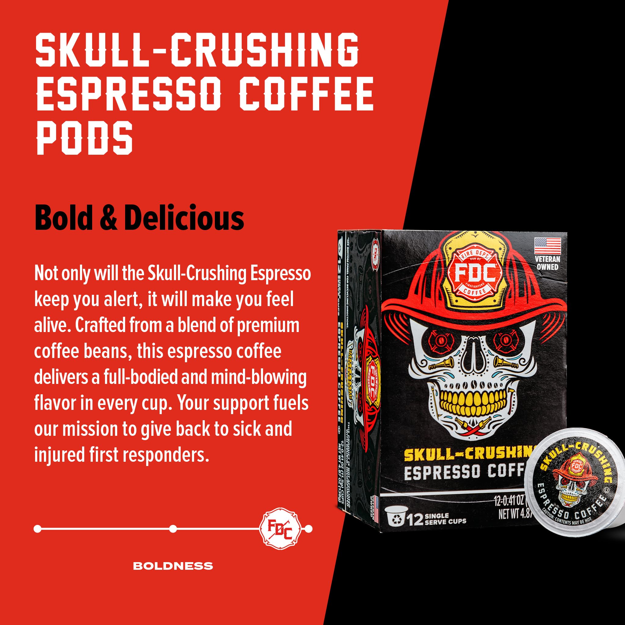 Fire Department Coffee - Gives Back to Firefighters - Skull Crushing Espresso Coffee Pods - Full-Bodied & Bold - Roasted in the USA - Premium Espresso