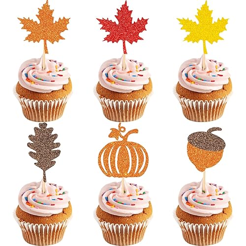 48Pcs Thanksgiving Cupcake Toppers Fall Cupcake Toppers Thanksgiving Cake Decorations Leaf Cupcake Topper Fall Cupcake Decorations