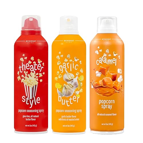 Winona Pure Popcorn Spray, Butter Garlic & Caramel, Seasoning for Snacks & Meals, 5 oz, 3 Pack