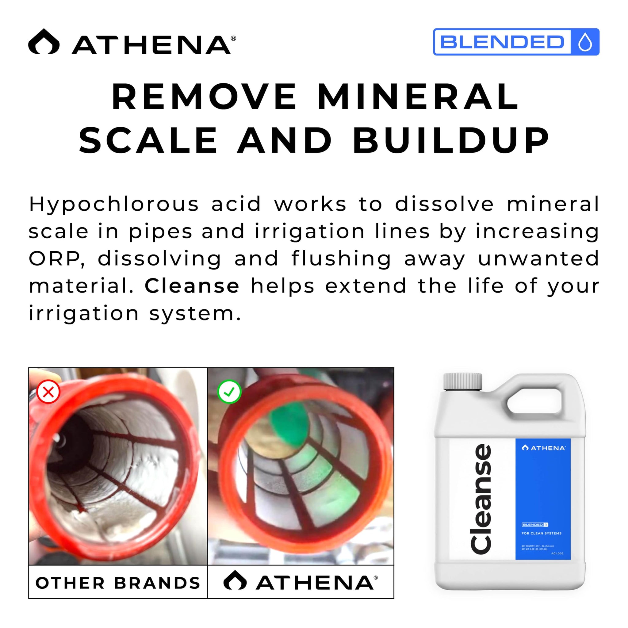 Athena Blended Cleanse | Plant-Safe System Cleaner for Hydroponics | Descaler Solution & Irrigation Line Cleaner | 32 Oz