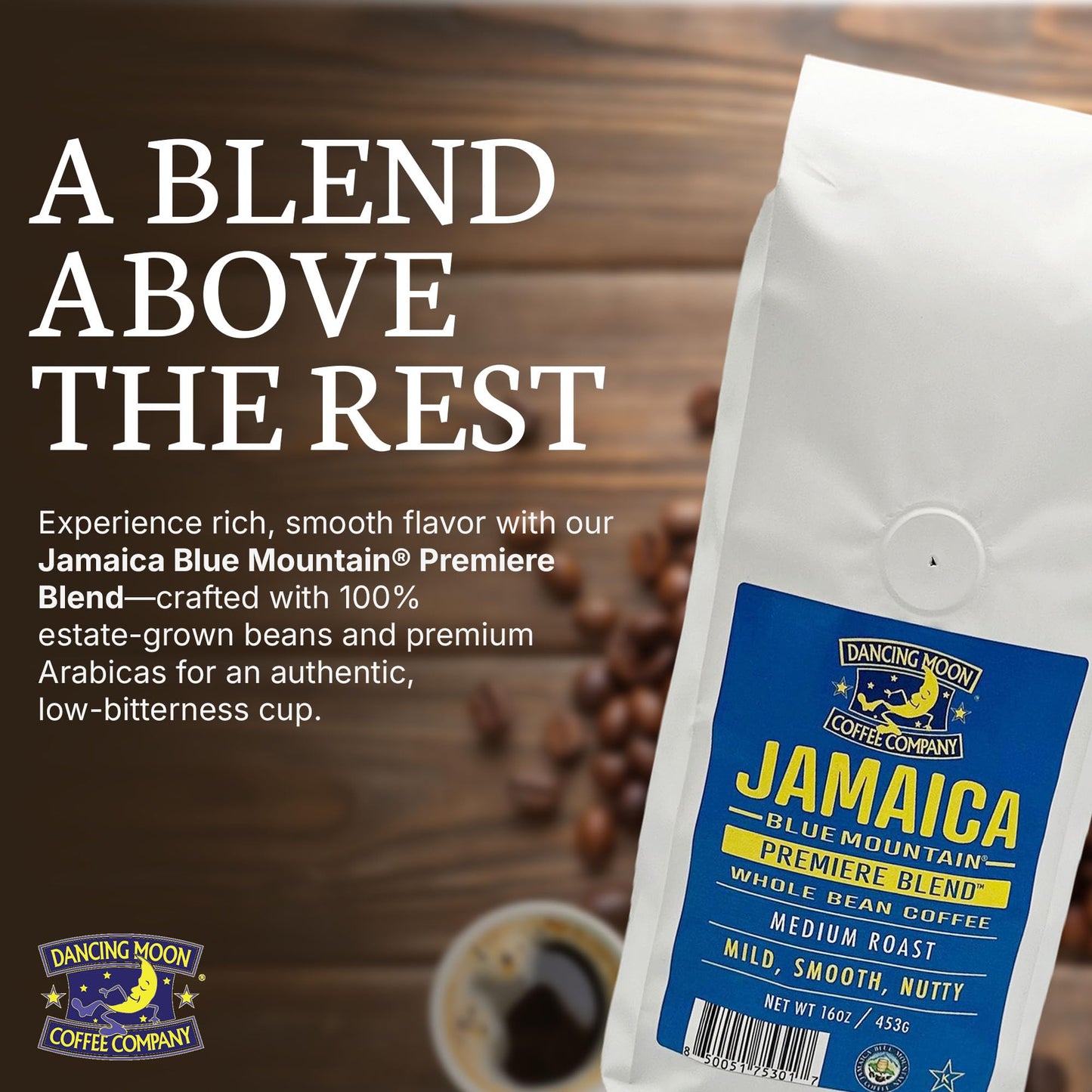 Dancing Moon Jamaica Blue Mountain® Premiere Blend, Medium Roast, WHOLE BEAN Coffee