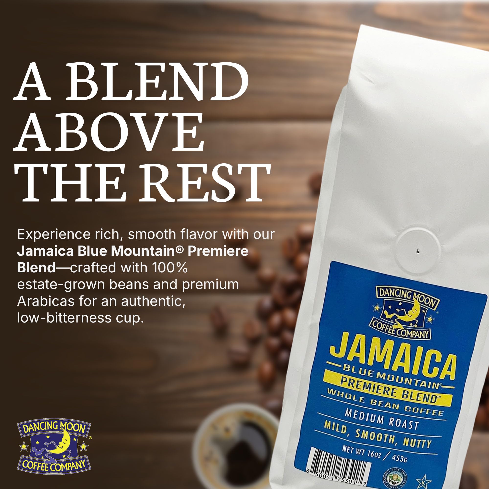 Dancing Moon Jamaica Blue Mountain® Premiere Blend, Medium Roast, WHOLE BEAN Coffee