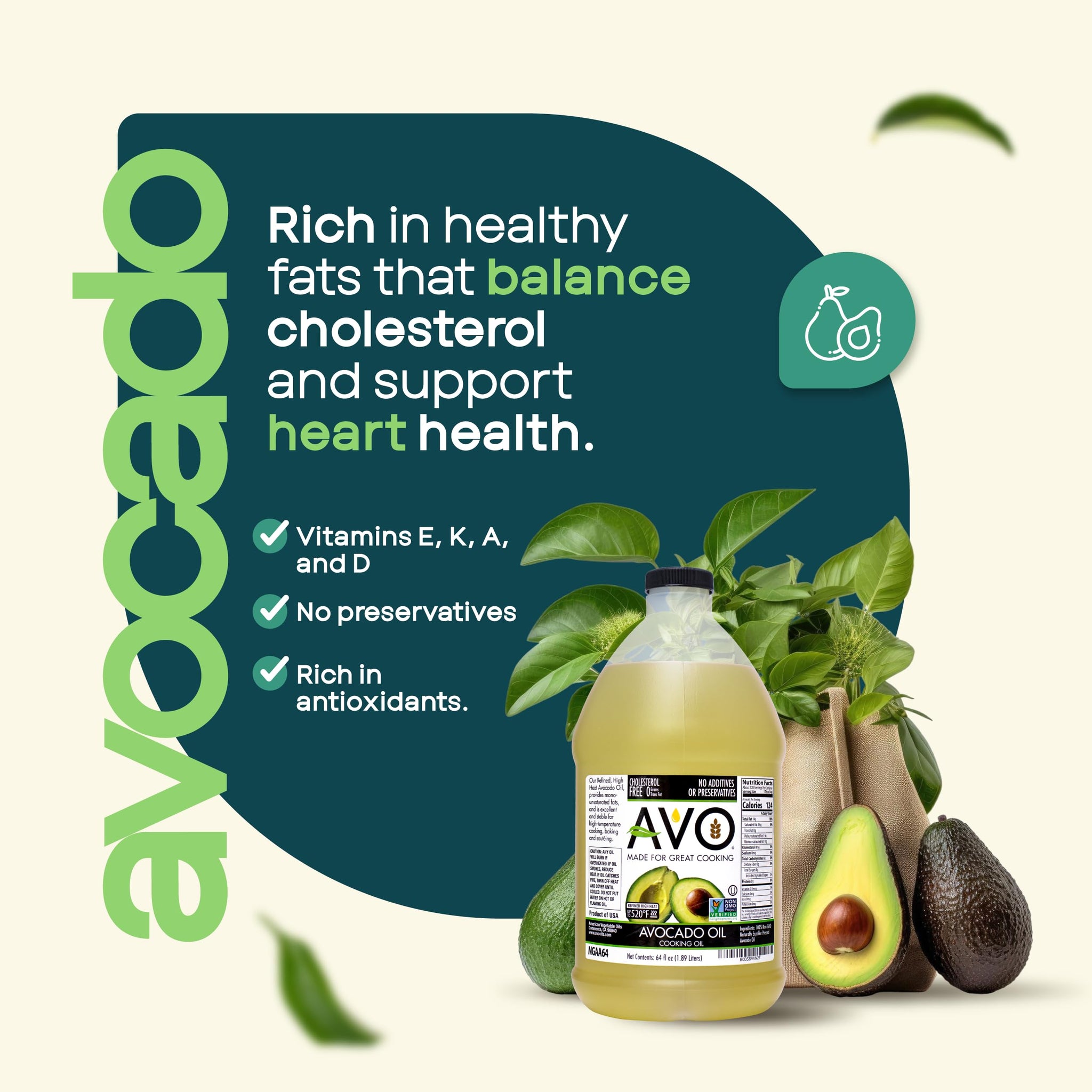 AVO Made for Great Cooking Non-GMO 100% Avocado Oil, Liquid, 64 Fl-oz, No Preservatives Added