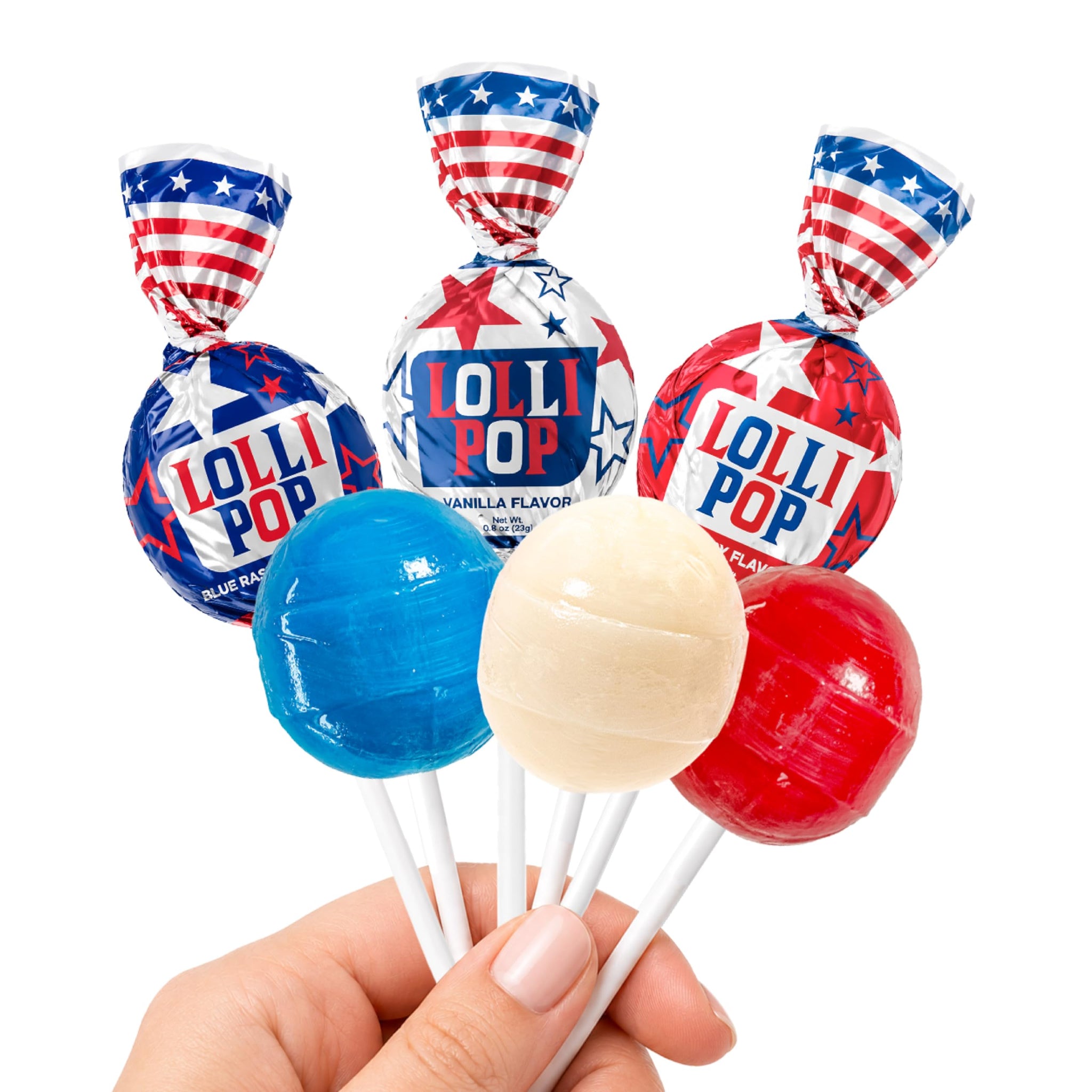 Patriotic Candy - 2 Pound Bulk Pack (35 Count) - Fourth of July Lollipops - Red White Blue Candy - Individually Wrapped - Cherry, Vanilla, Blue